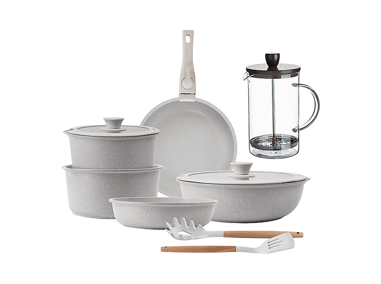 Set Pentole BERGNER CLICK&COOK 10 Pezzi In Alluminio Pressofuso - Rivestimento Antiaderente Marmo, Maniglie Rimovibili, Colore Beige