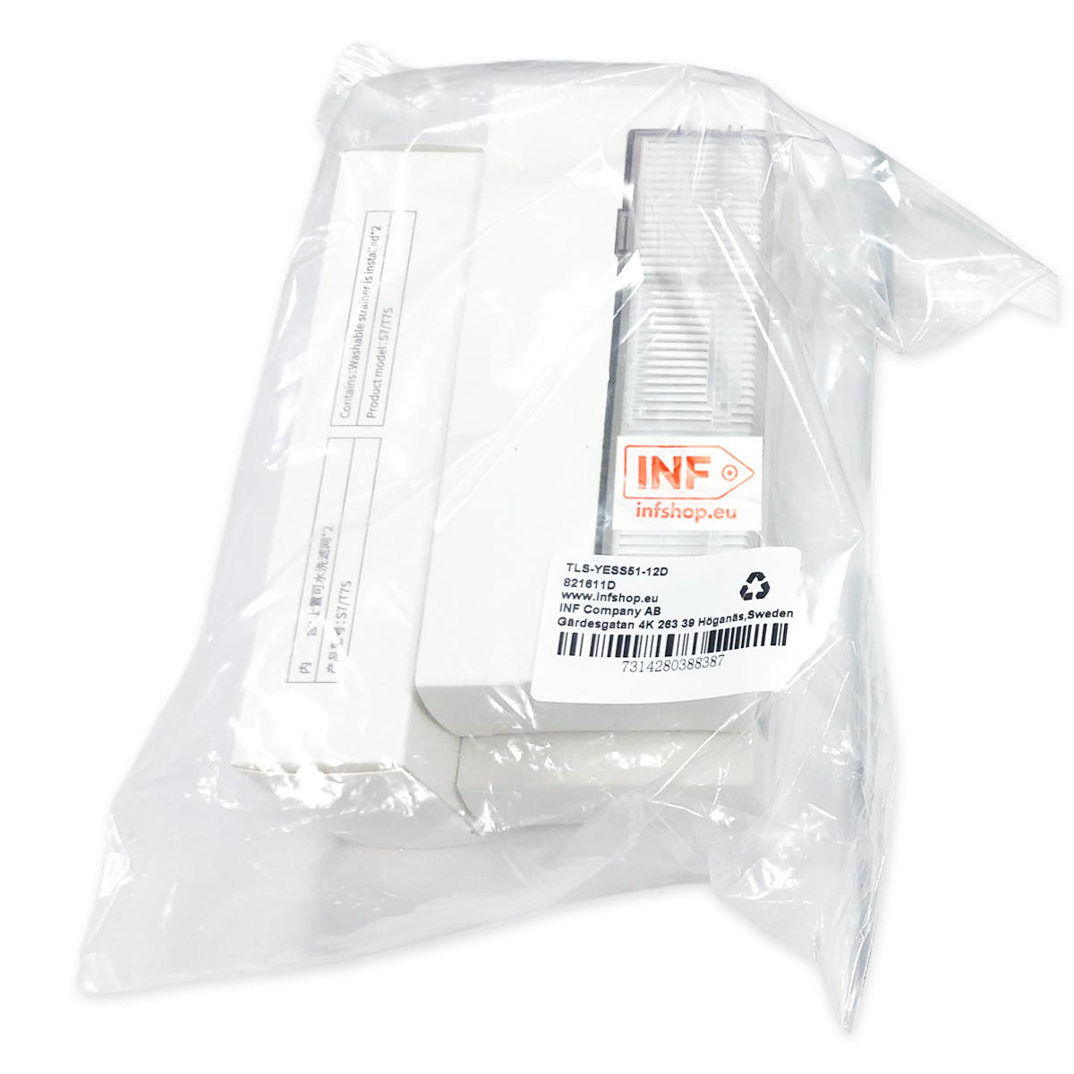 Przezroczysta plastikowa torba zawiera białe pudełko i prostokątny przedmiot z logo 'INF'. Tekst na opakowaniu zawiera szczegóły produktu.