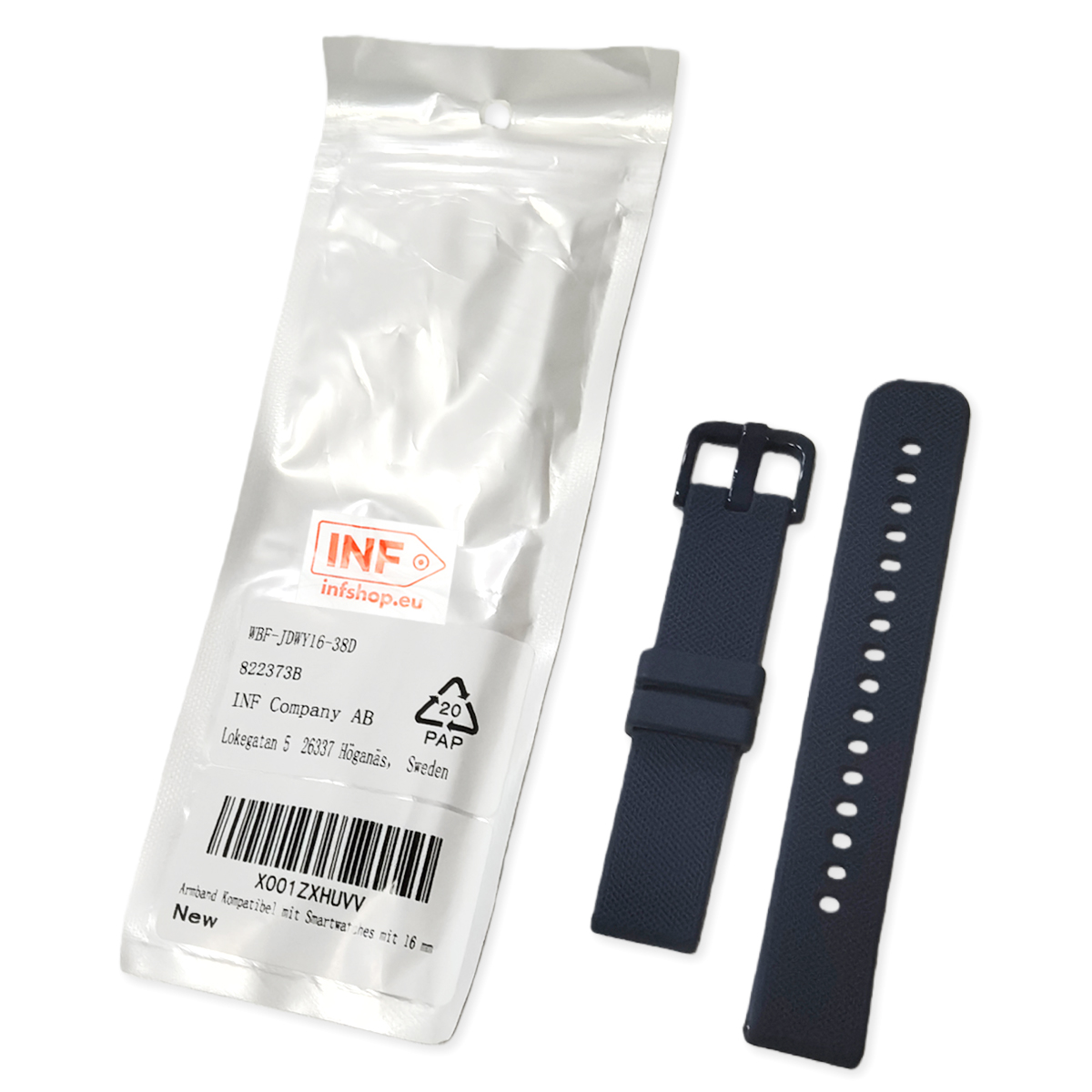 Ein Uhrenarmband-Set in einer Verpackung mit zwei dunkelblauen Armbändern. Eines hat Löcher, das andere eine Schnalle. Die Verpackung hat Etiketten.