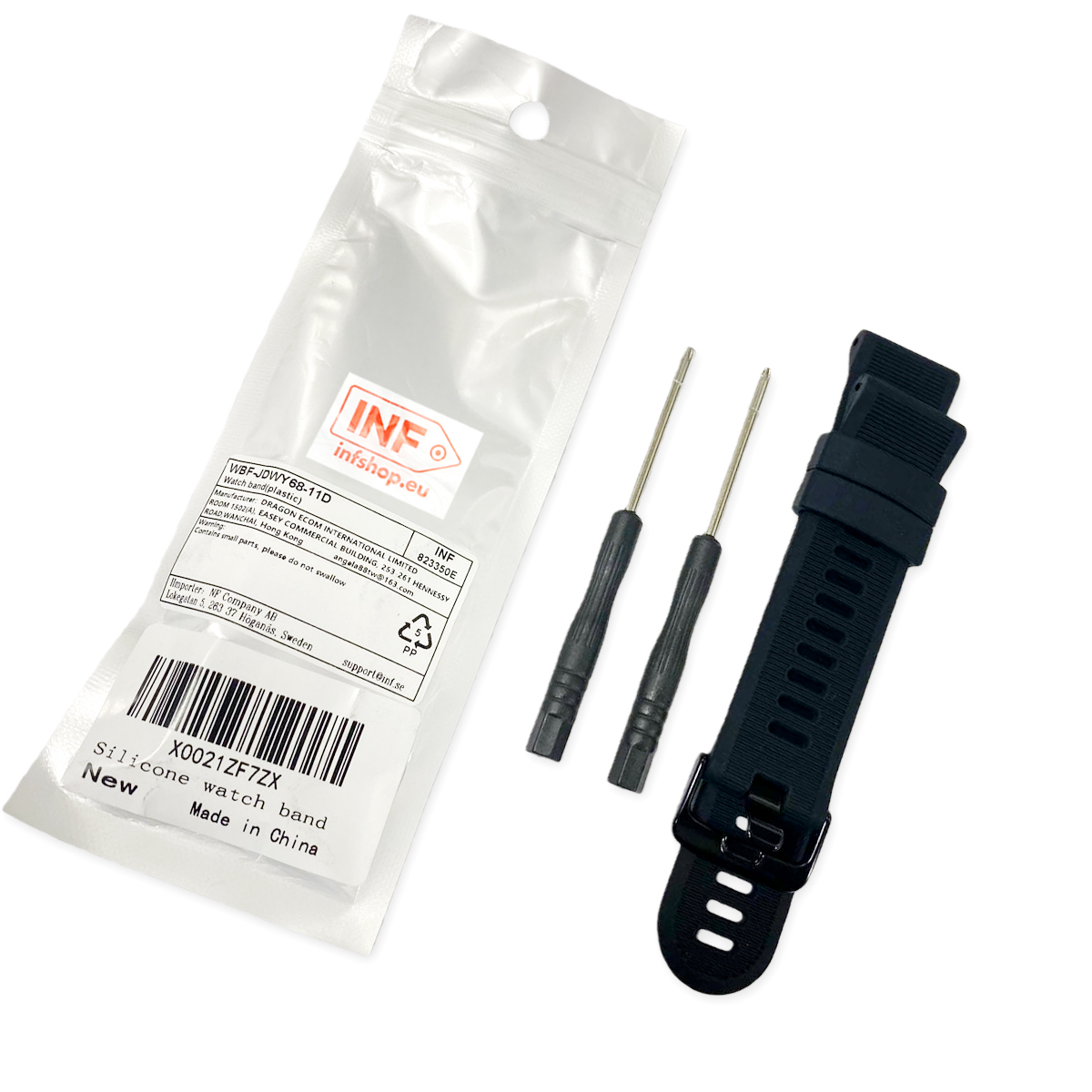 Czarny pasek do zegarka, narzędzia i opakowanie. Opakowanie pokazuje 'INF' i szczegóły produktu. Narzędzia są srebrne i czarne.
