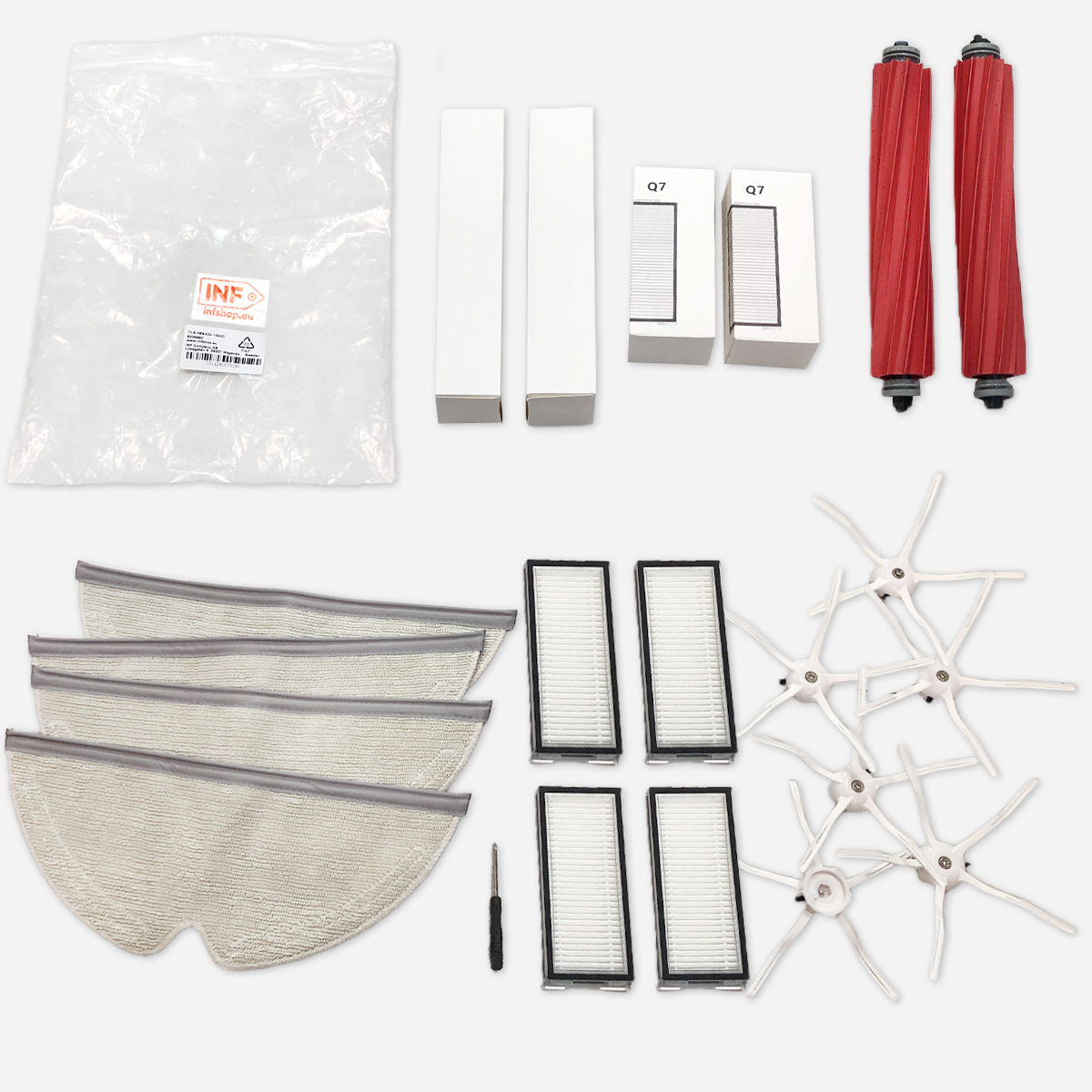 Części robota odkurzającego: filtry, szczotki, szczotki rolkowe, mopy, śrubokręt i opakowanie na białej powierzchni.