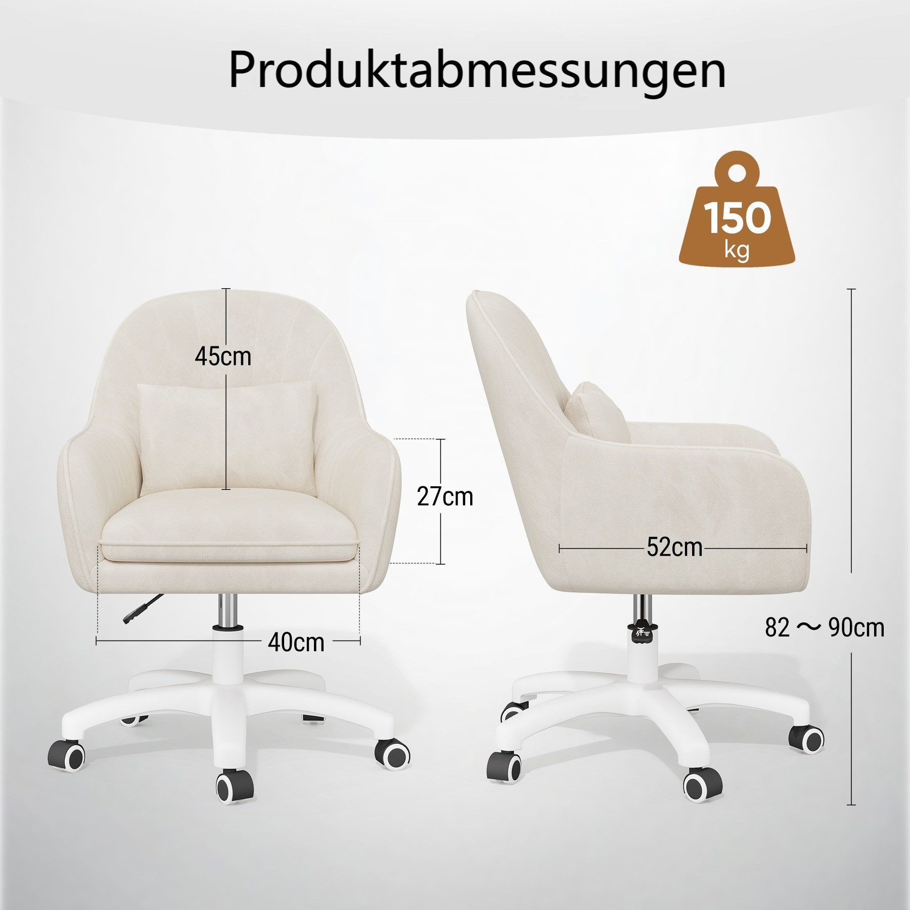 Dos vistas de una silla de oficina. Silla beige con medidas. Peso máximo 150 kg.