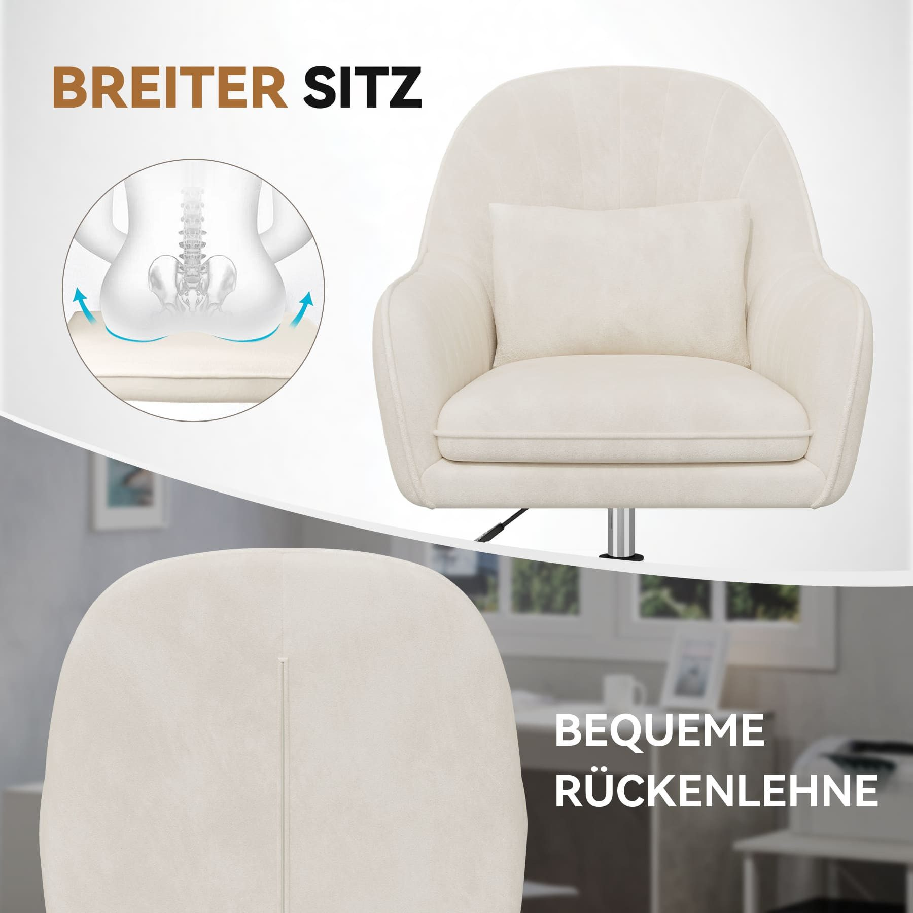 Sillón color crema con respaldo y cojín. El texto muestra 'BREITER SITZ' y 'BEQUEME RÜCKENLEHNE'.