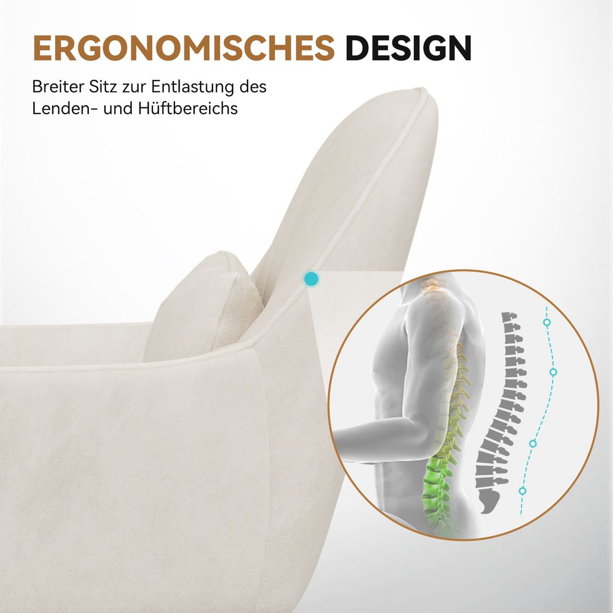 Silla ergonómica crema con texto. Diagrama muestra columna vertebral. El texto dice: Diseño ergonómico, asiento ancho para alivio lumbar.
