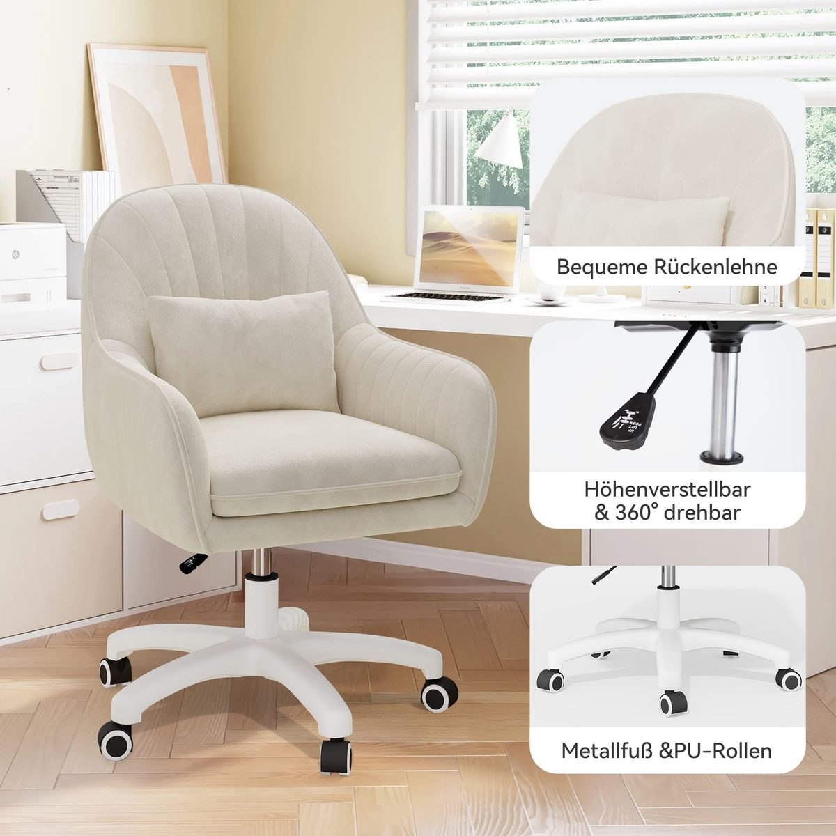 Una silla de oficina color crema con base y ruedas blancas. Tiene respaldo cómodo y almohada pequeña. La silla está cerca de un escritorio blanco.