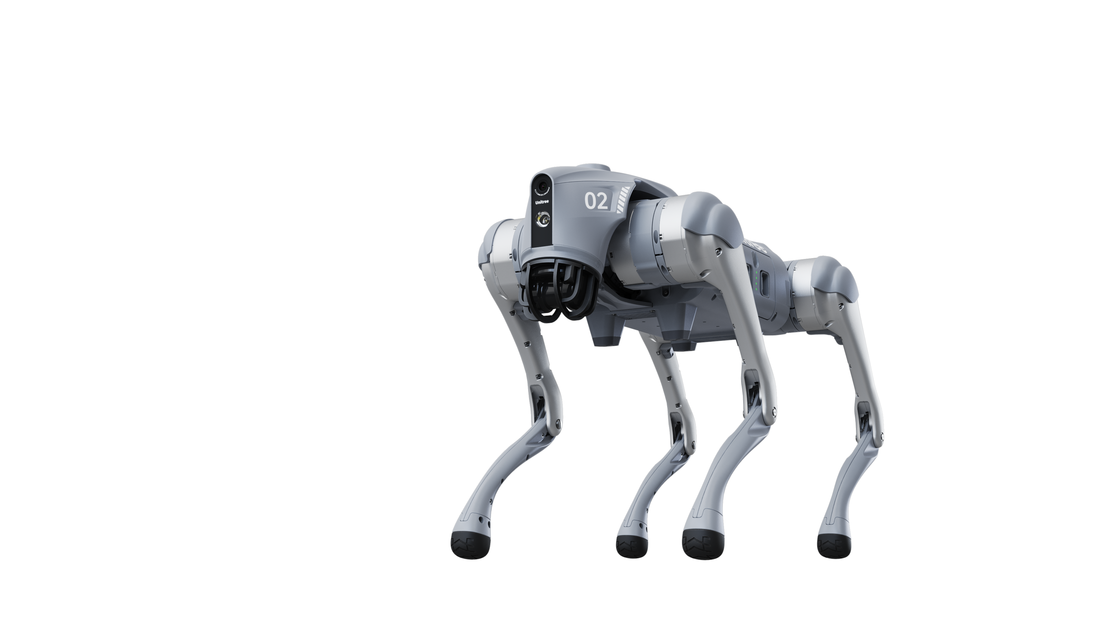 Un perro robot de cuatro patas se muestra sobre un fondo negro. Es gris y tiene una cámara y sensores en la cabeza.