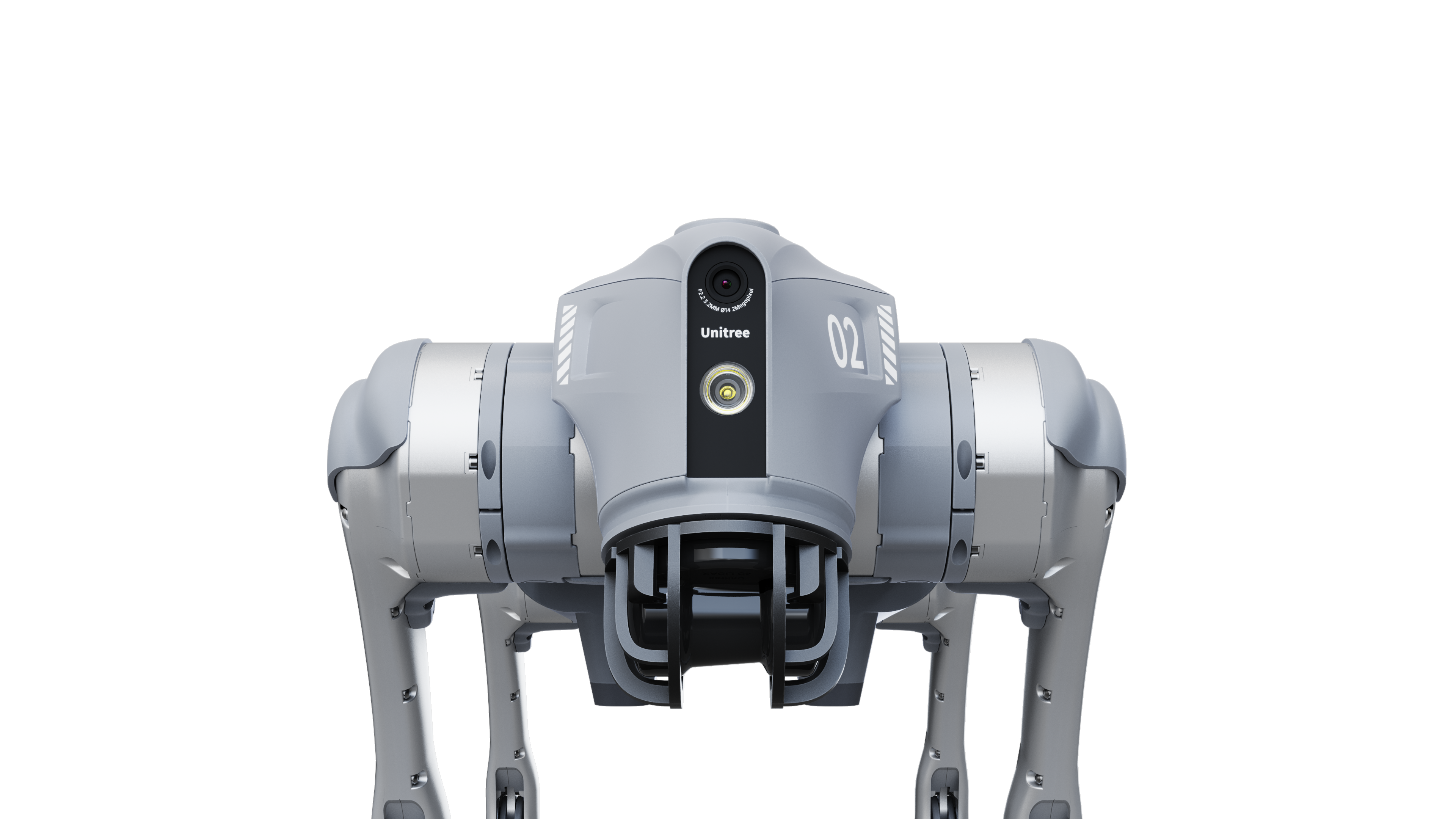 Ein grauer und silberner Unitree-Roboter mit vier Beinen, einer Kamera und der Nummer 02, vor schwarzem Hintergrund.
