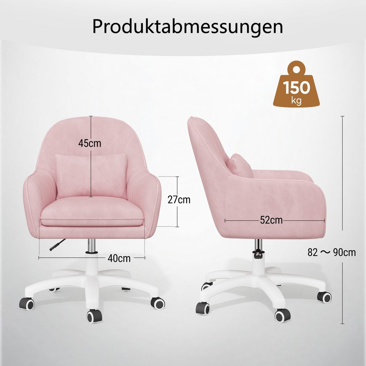 Silla de oficina rosa con dimensiones etiquetadas. Muestra 45cm ancho, 52cm profundidad, 82-90cm altura, 150kg capacidad.