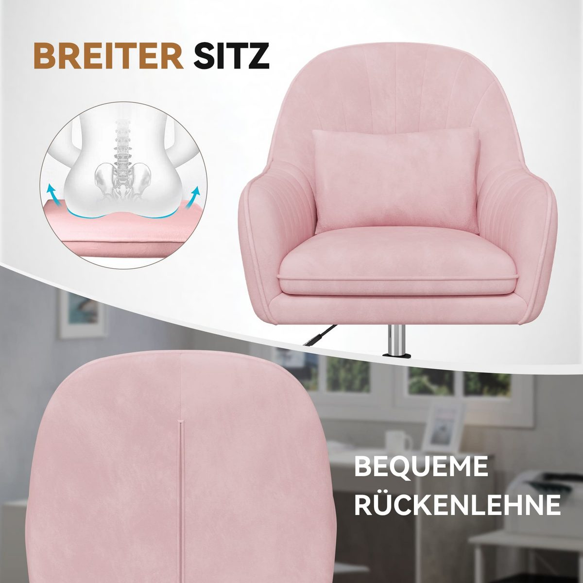 Se muestra un sillón de terciopelo rosa con respaldo y cojín. Un diagrama muestra cómo el asiento sostiene el cuerpo.