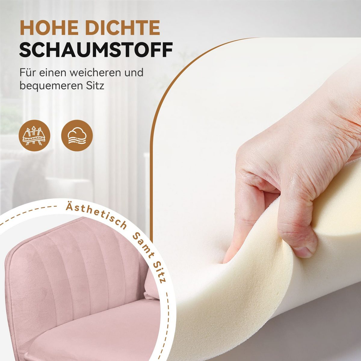 Una mano presiona una espuma beige. Texto: 'Espuma de alta densidad'. Una silla de terciopelo rosa está en la esquina inferior izquierda.