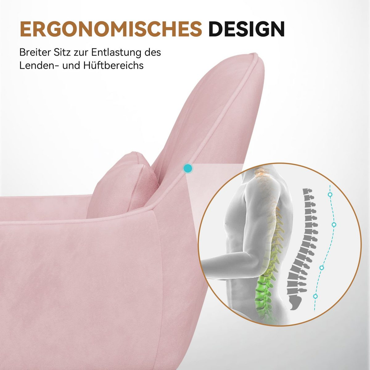 Silla ergonómica rosa con diagrama de columna vertebral. Texto dice 'Diseño ergonómico' y describe el asiento para aliviar la espalda y la cadera.
