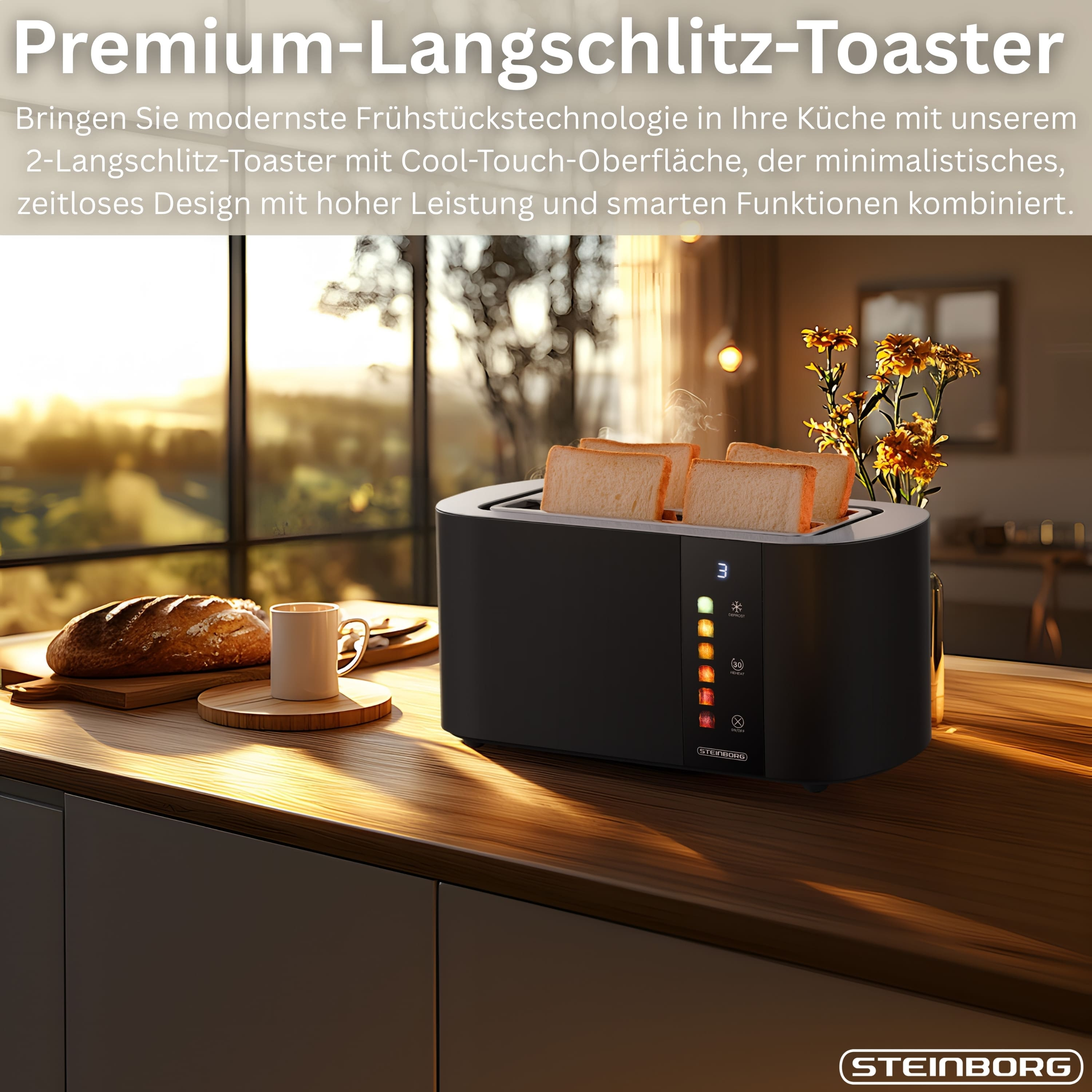 Ein schwarzer Toaster mit Toast, Brot und einer Tasse auf einer Holz-Arbeitsplatte in einer Küche.