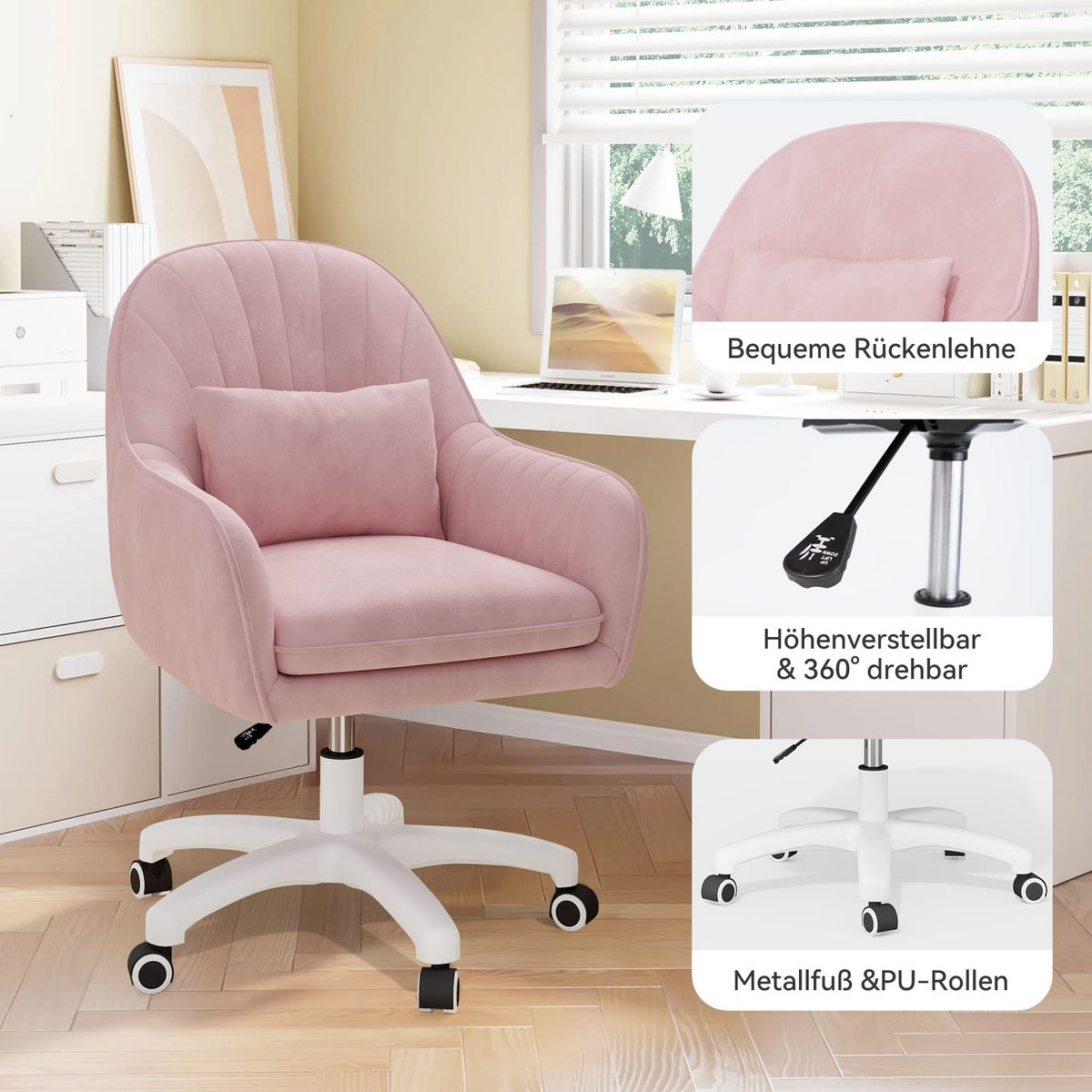 Una silla de oficina rosa. Tiene asiento y respaldo acolchados, y base blanca con ruedas. Un escritorio y una ventana están al fondo.