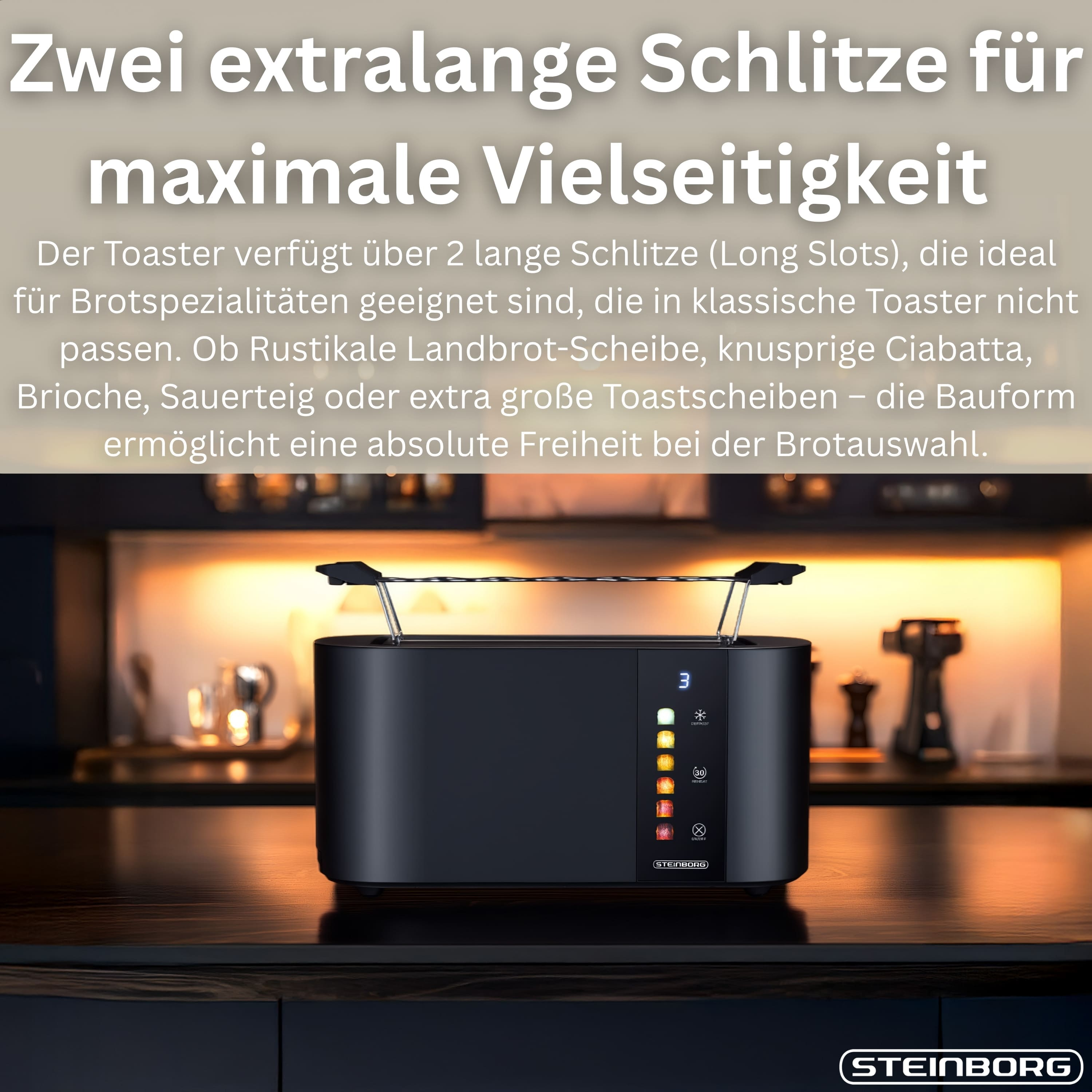 Schwarzer Toaster mit zwei langen Schlitzen. Er hat eine Digitalanzeige und steht auf einer Holzplatte.