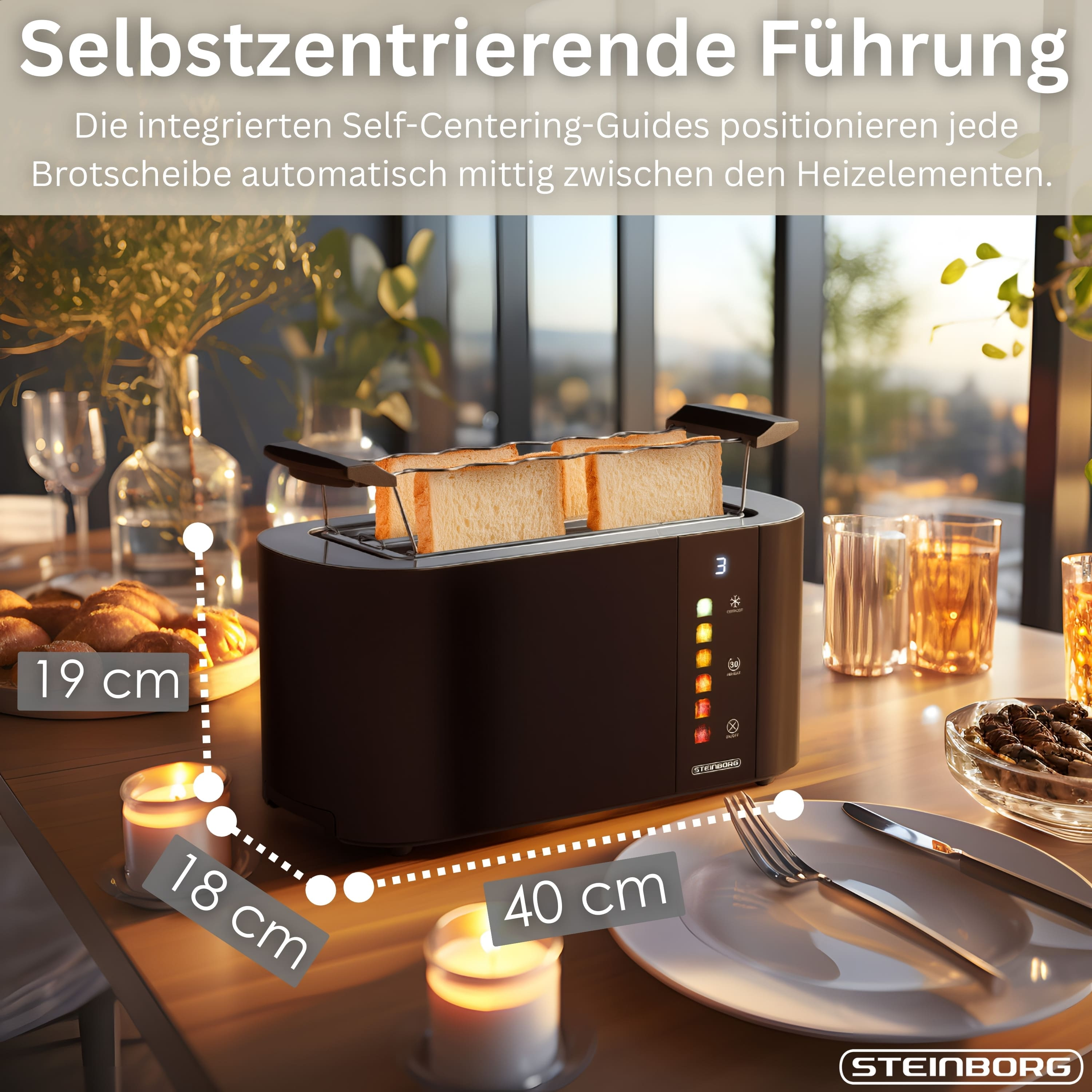 Ein Toaster mit Brotscheiben steht auf einem Tisch mit Kerzen und Gläsern. Maße sind sichtbar.