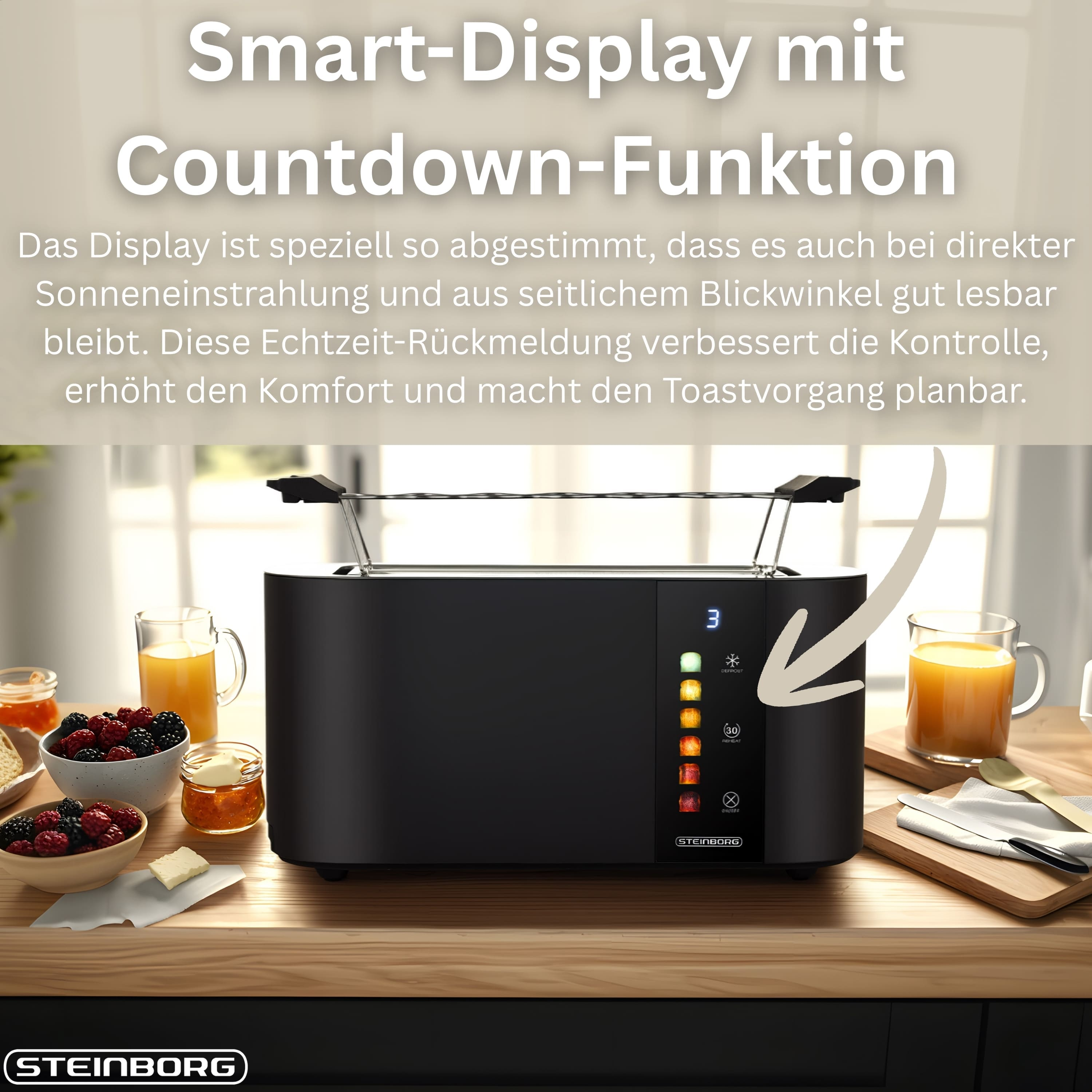 Schwarzer Toaster mit Display. Saft, Obst und Butter stehen auf dem Tisch. Text: Smart-Display mit Countdown-Funktion.