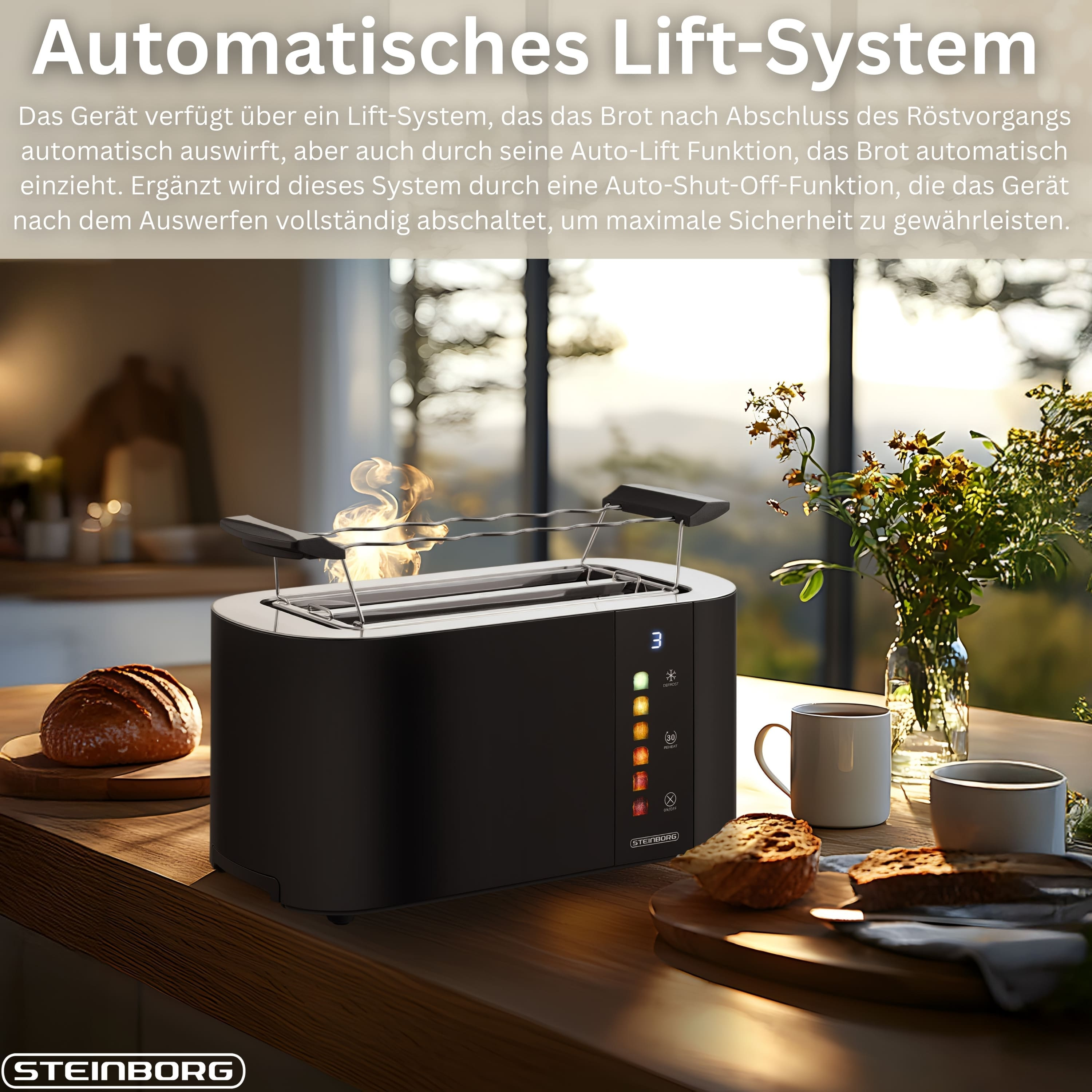 Ein schwarzer Toaster mit Digitalanzeige, Brot und Kaffeetassen auf einem Holztisch. Blumen im Hintergrund.