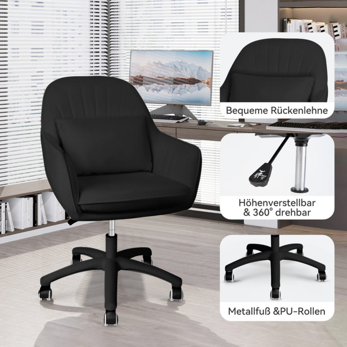 Silla de oficina negra con cojín. Características: altura ajustable, giro 360° y ruedas de PU. Fondo: escritorio y persianas.