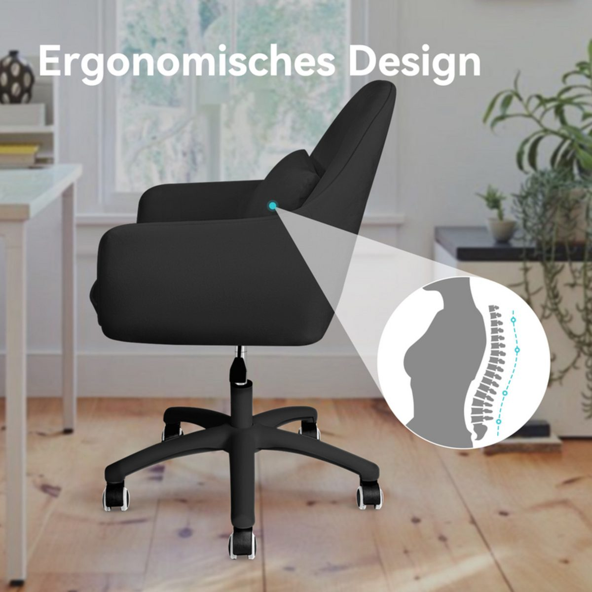 Una silla de oficina ergonómica negra con una ilustración de soporte lumbar. La silla está sobre un suelo de madera.