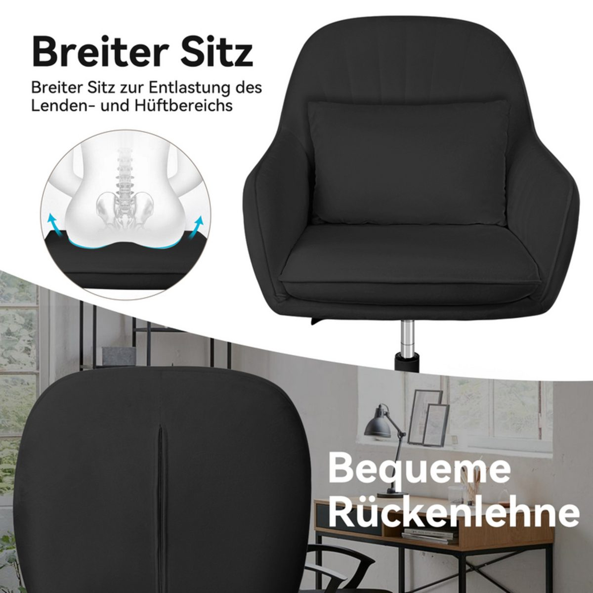 Silla de oficina negra con asiento ancho y cojín. Texto alemán describe las características y beneficios ergonómicos.