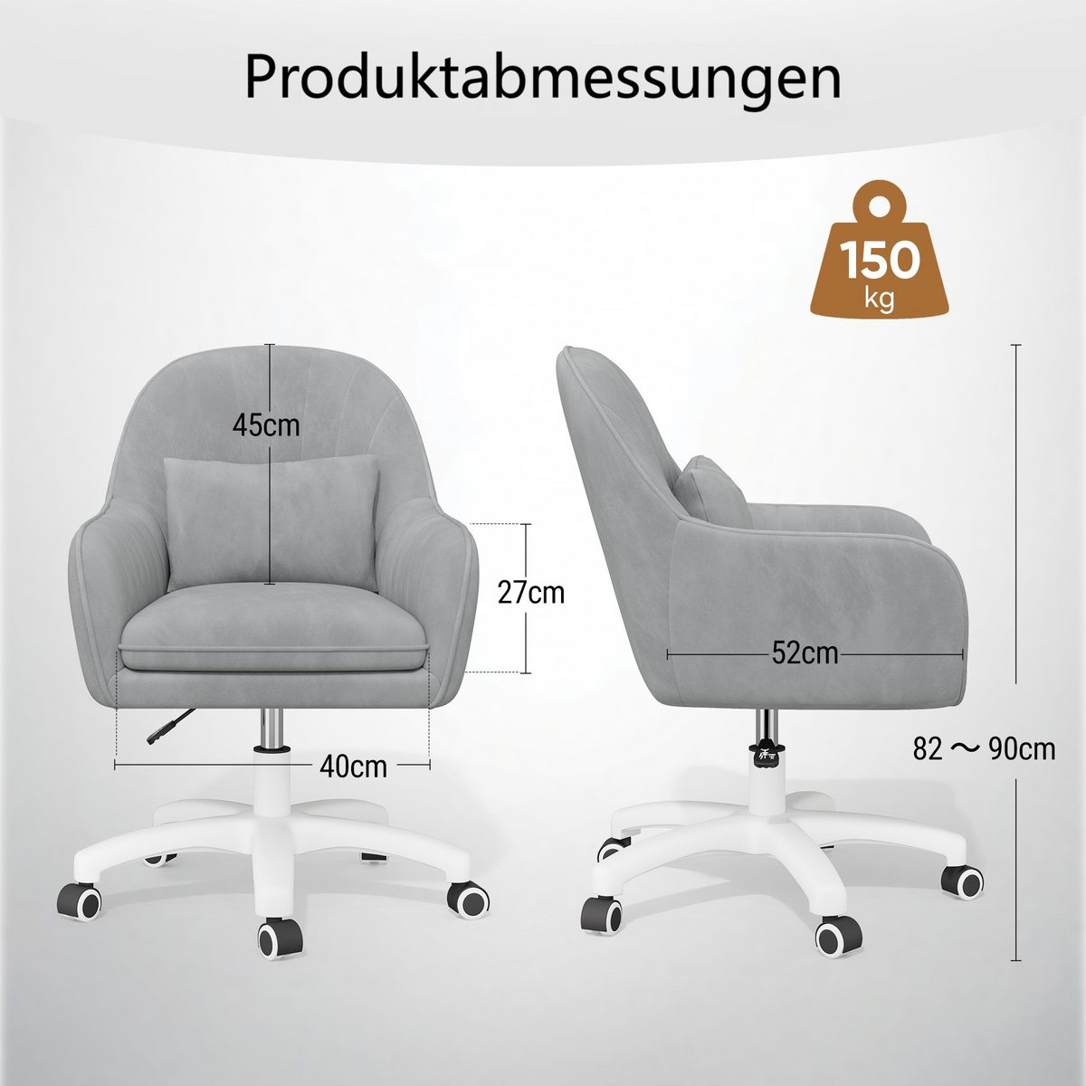 Diagrama que muestra una silla de oficina gris con dimensiones. Incluye una capacidad de peso de 150 kg. Medidas en cm.