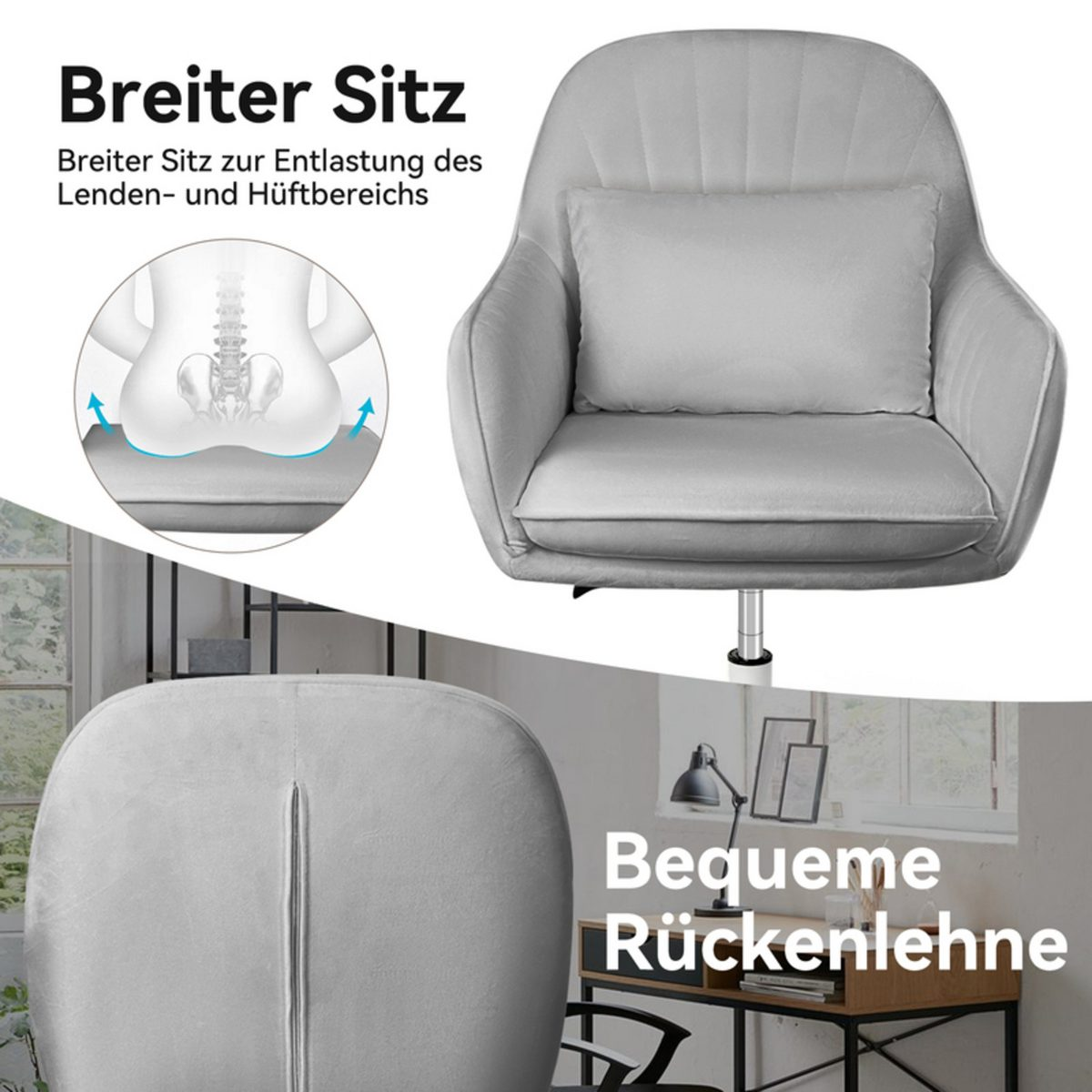 Una silla giratoria gris con una almohada, un diagrama de una columna vertebral y texto en alemán. La silla está en una habitación con un escritorio.