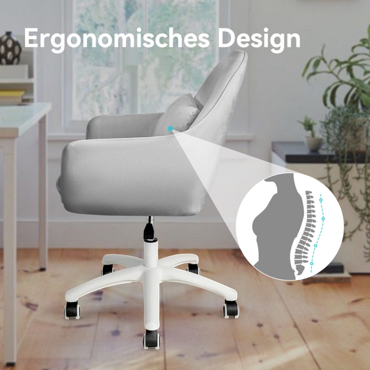 Una silla de oficina gris ergonómica con base blanca. Un diagrama muestra soporte espinal. El texto dice 'Diseño ergonómico'.