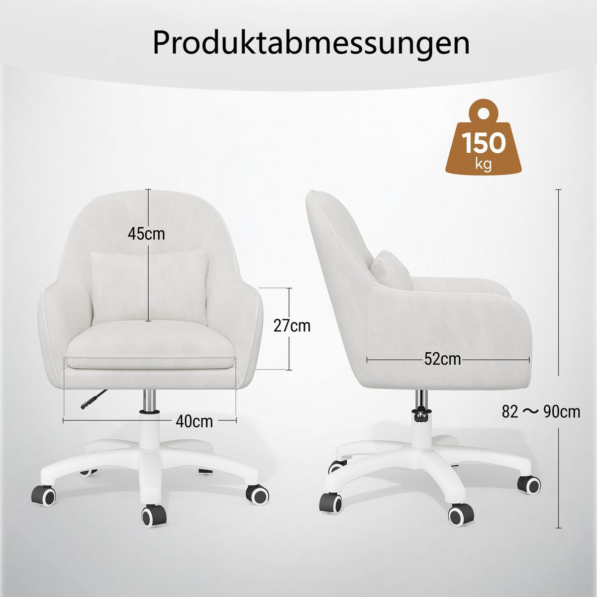 Diagrama de una silla de oficina con dimensiones: 45cm, 40cm, 52cm, 27cm, y altura 82-90cm. Peso máximo 150kg.