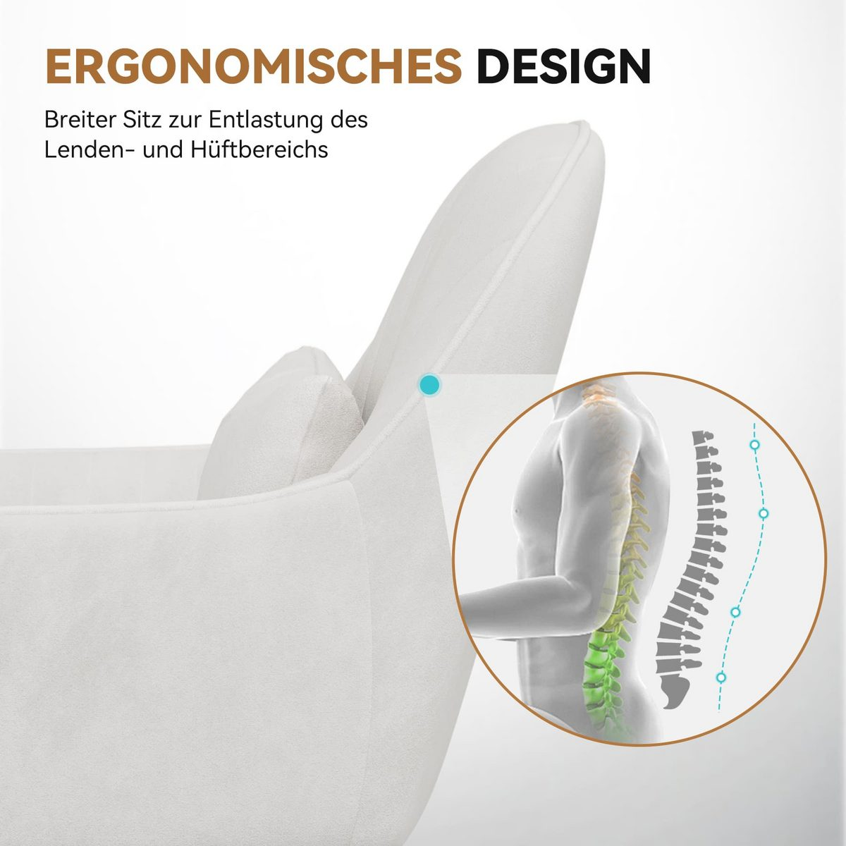 Silla ergonómica blanca. El texto dice 'Diseño ergonómico' y 'Asiento ancho para aliviar las zonas lumbar y de la cadera'. Se destaca una columna vertebral.