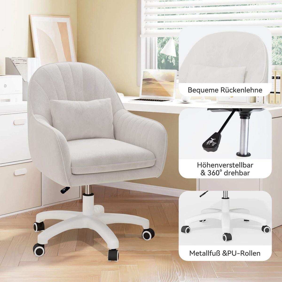 Una silla de oficina blanca con una almohada está frente a un escritorio. La silla tiene una base y ruedas blancas. Una laptop está en el escritorio.