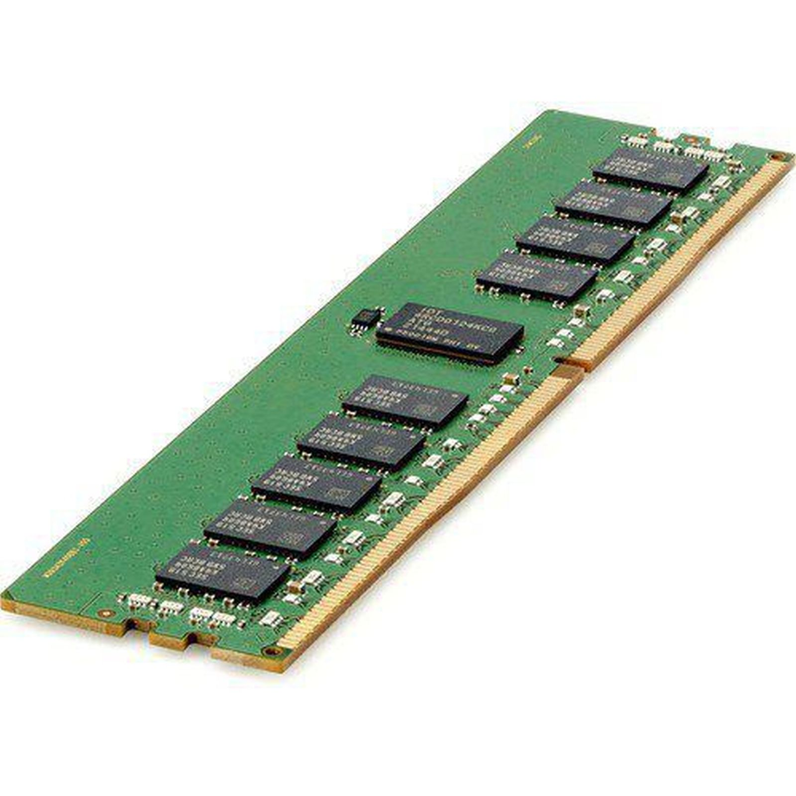 Un modulo RAM verde con chip neri e connettori dorati su sfondo bianco.