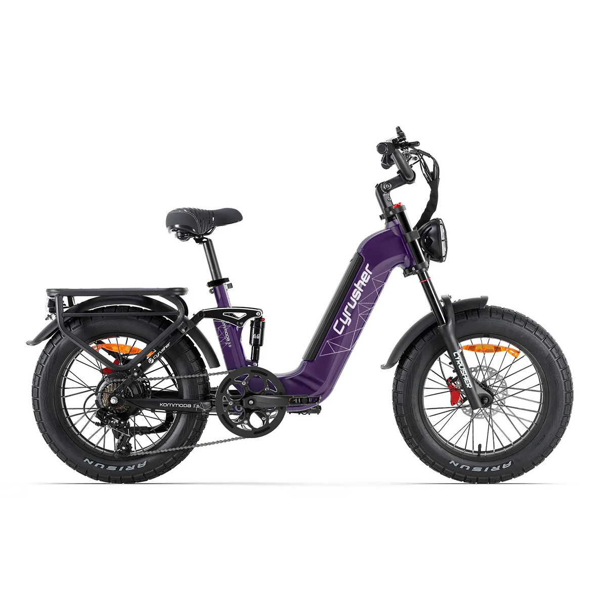 Ein lila E-Bike mit schwarzen Reifen und Rahmen. Es trägt den Markennamen 'Cycrusher' auf dem Rahmen. Der Hintergrund ist weiß.