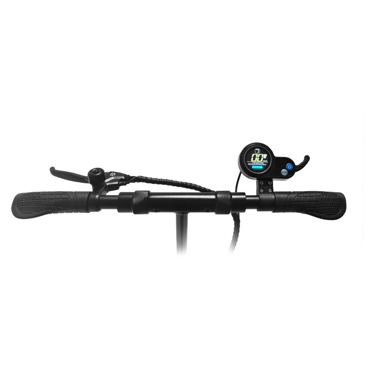 Schwarzer Rollerlenker mit Display, das Zahlen anzeigt. Er hat einen Hebel und Griff auf beiden Seiten. Der Hintergrund ist weiß.