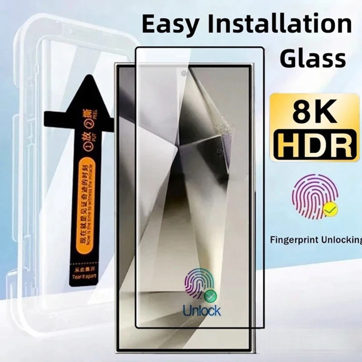 Un proteggi schermo con la scritta 'Easy Installation Glass'. Caratteristiche 8K HDR e sblocco con impronta digitale.