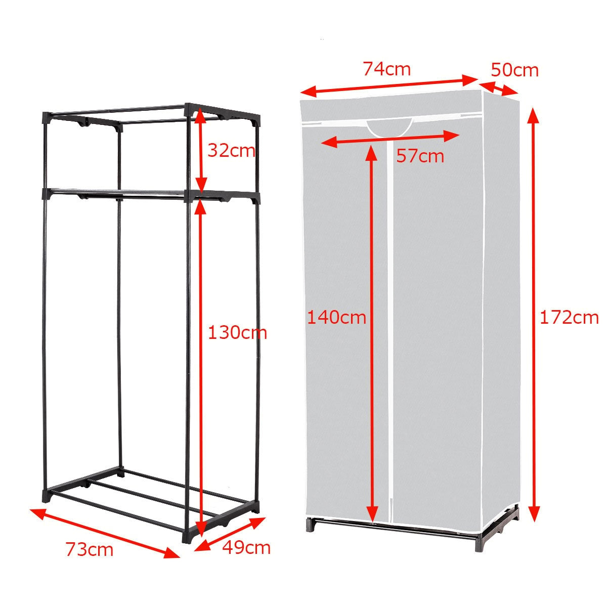 Una imagen que muestra una percha de metal negro con dimensiones etiquetadas, junto a un armario de tela gris con medidas.