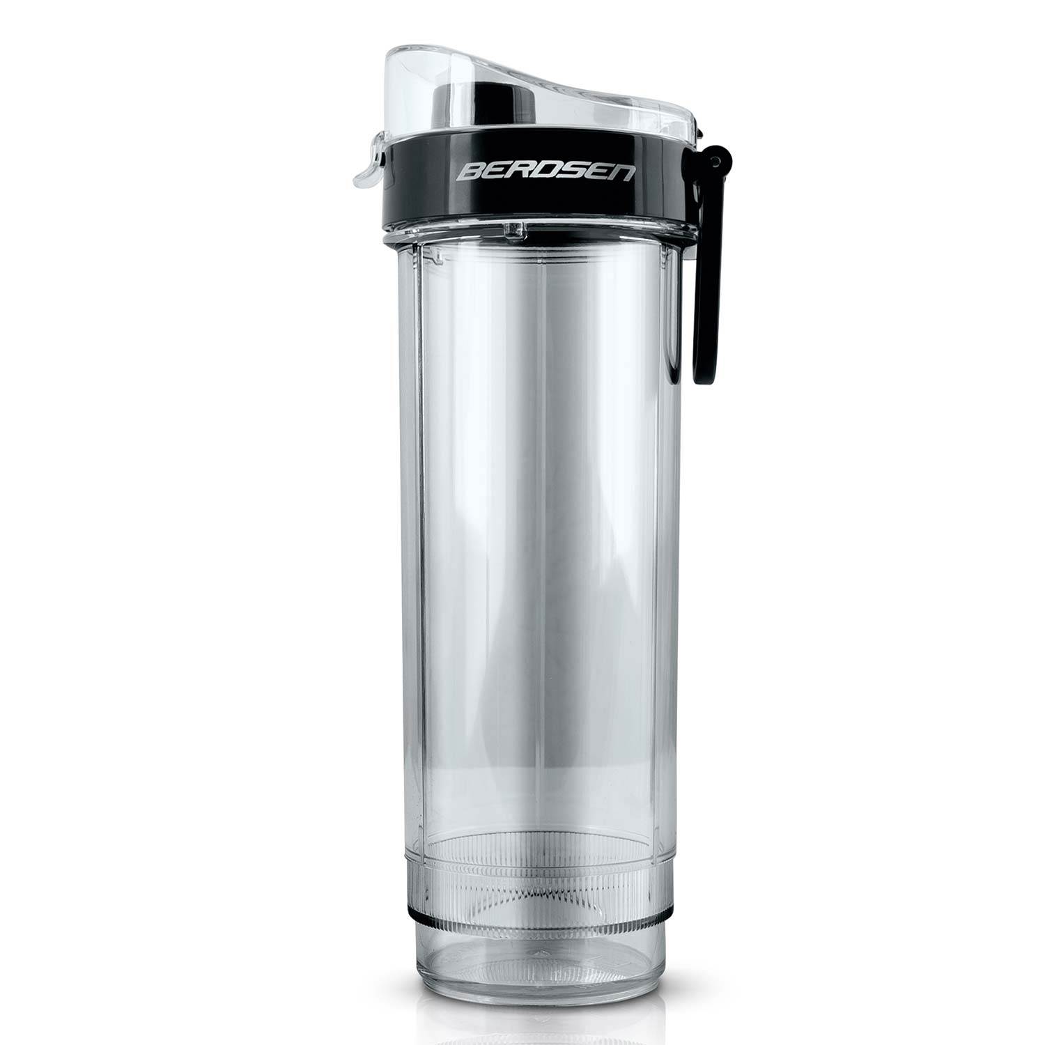 Przezroczysta butelka na wodę z czarną pokrywką i uchwytem. Nazwa marki 'BEROSEN' jest nadrukowana na pokrywce.