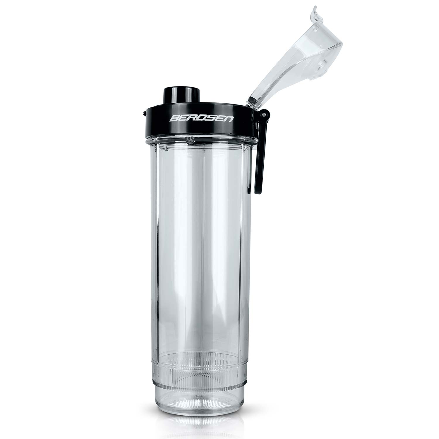 Przezroczysta butelka Berosen shaker z czarną pokrywką i otwartą przezroczystą klapką. Pusta butelka na białym tle.