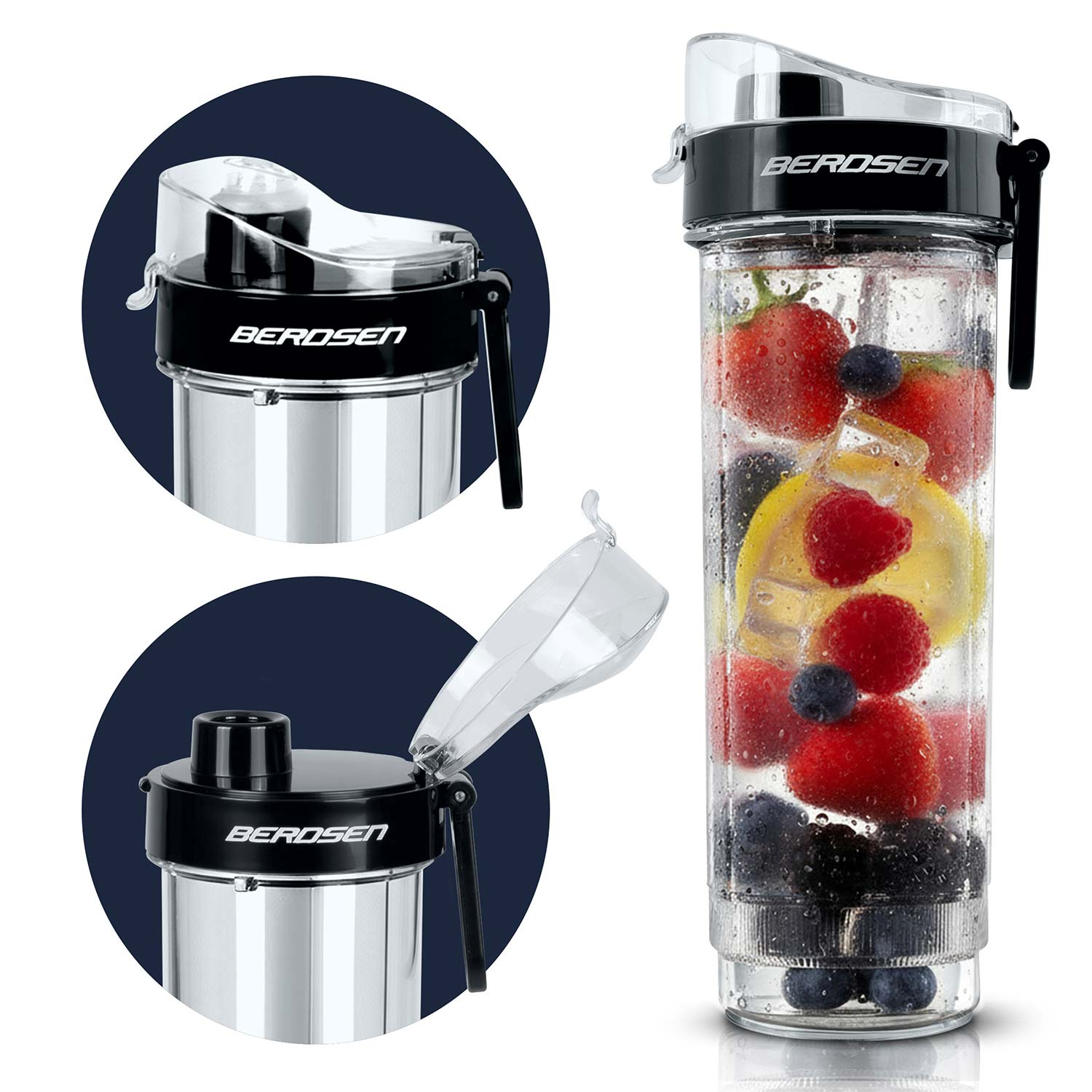 Przezroczysta butelka na wodę Berosen z owocami w środku. Zawiera truskawki, borówki, jeżyny, cytrynę i kostki lodu. Pokrywka jest czarna.