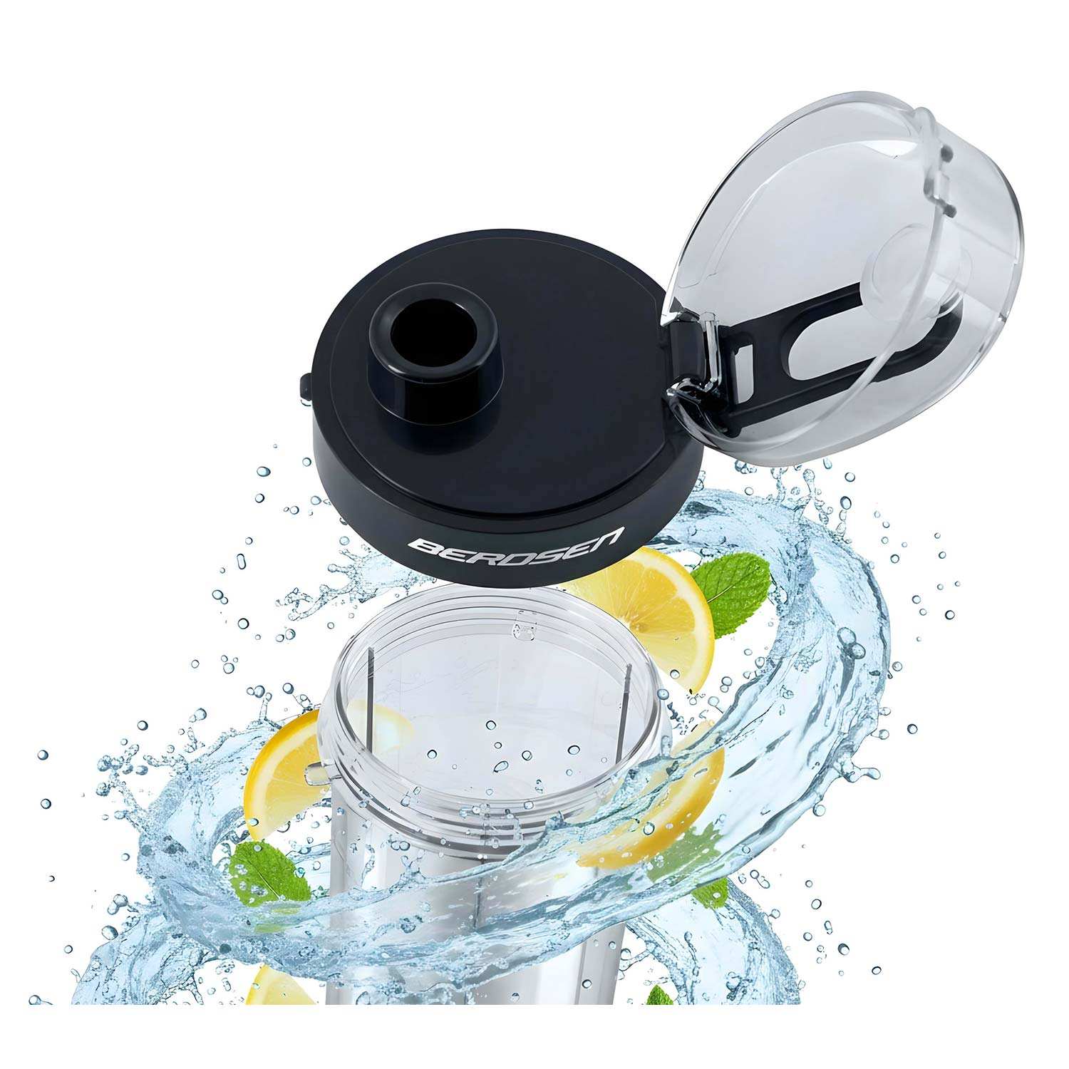 Blender z czarną pokrywą i przezroczystą nakrętką, rozpryski wody, plasterki cytryny i listki mięty. Blender jest częściowo zdemontowany.