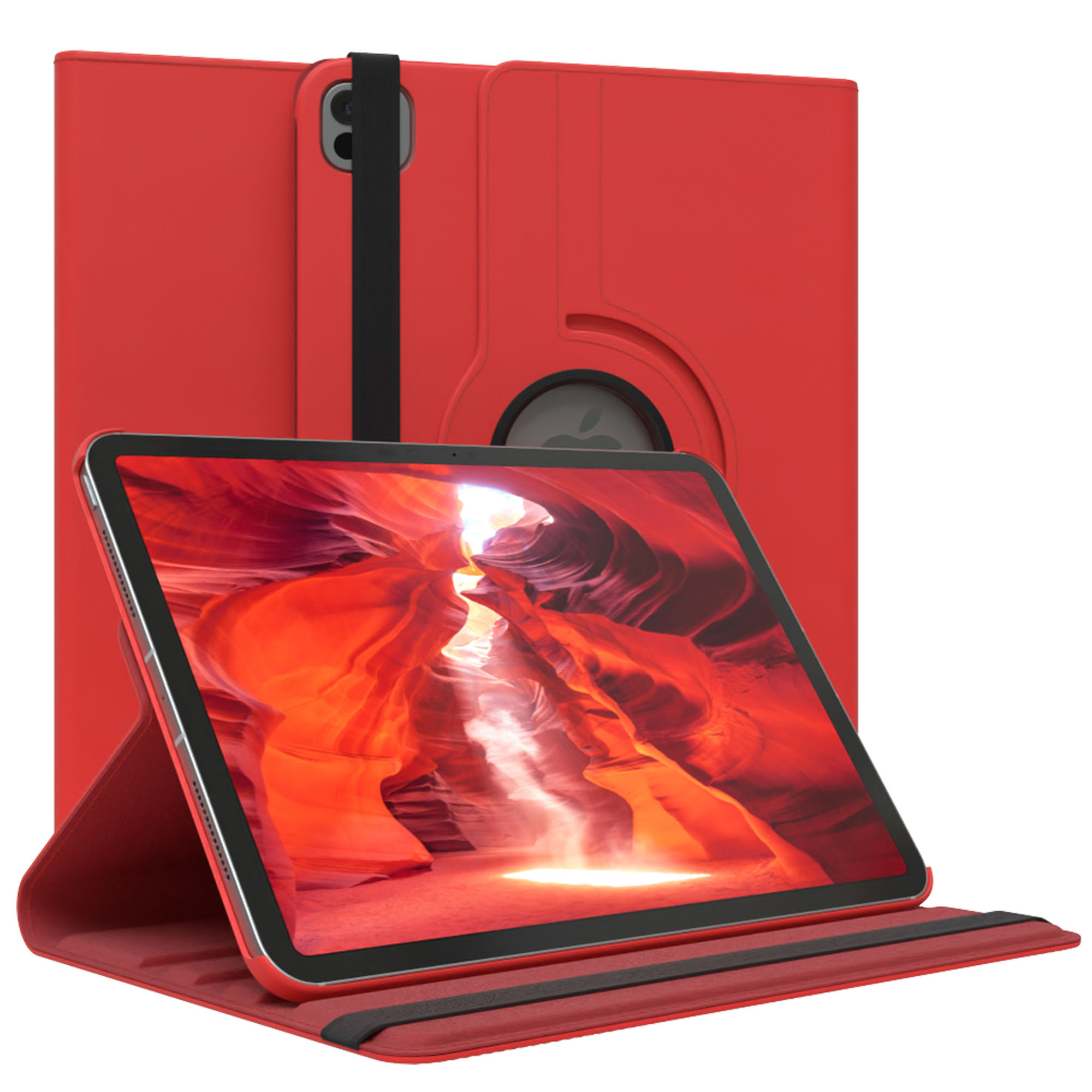 Rotes iPad in roter Hülle. Der Bildschirm zeigt eine Canyon-Szene. Die Hülle hat einen schwarzen Riemen.