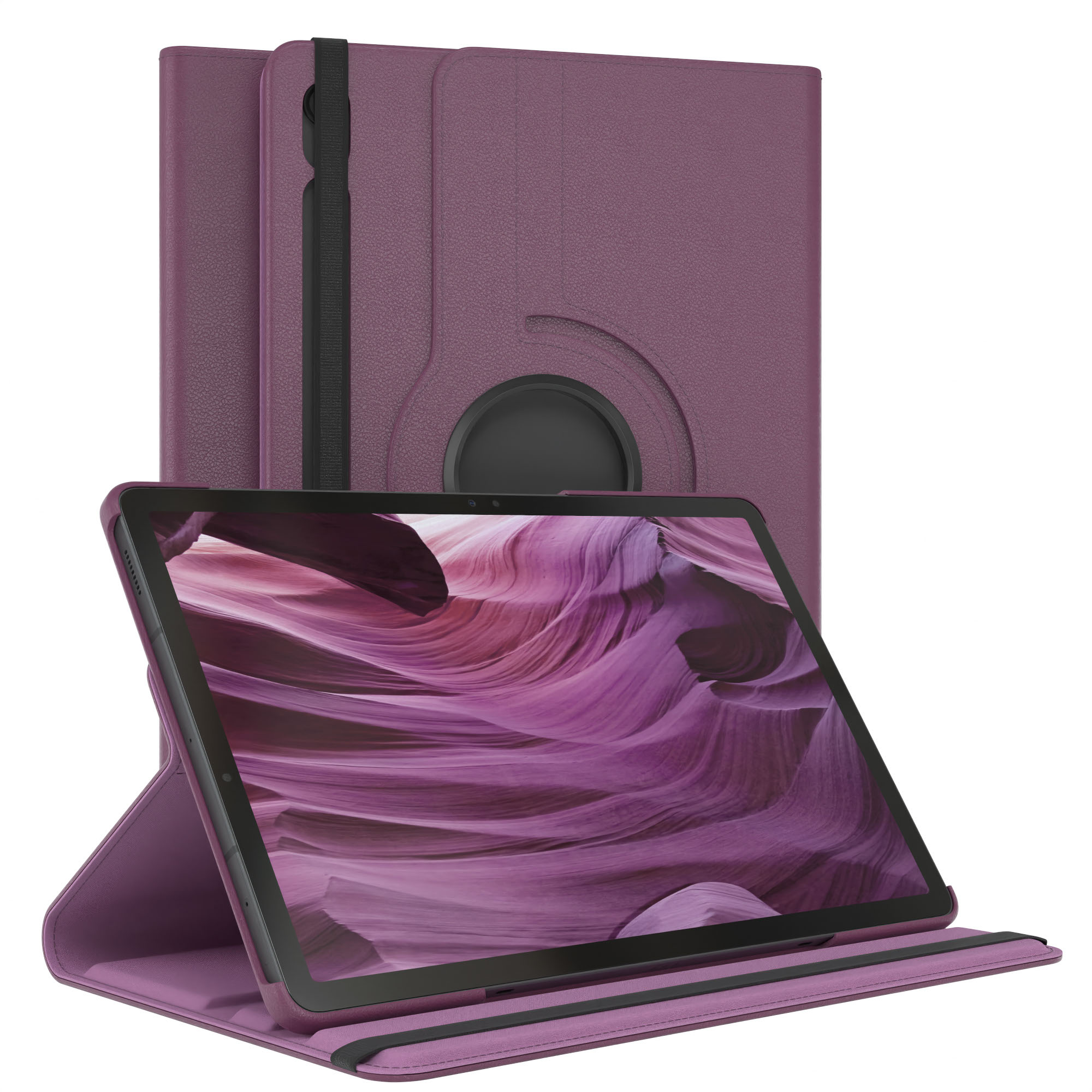 Ein Tablet in einer lila Hülle. Der Bildschirm zeigt ein wellenförmiges Muster in Lila. Eine weitere Hülle ist im Hintergrund sichtbar.