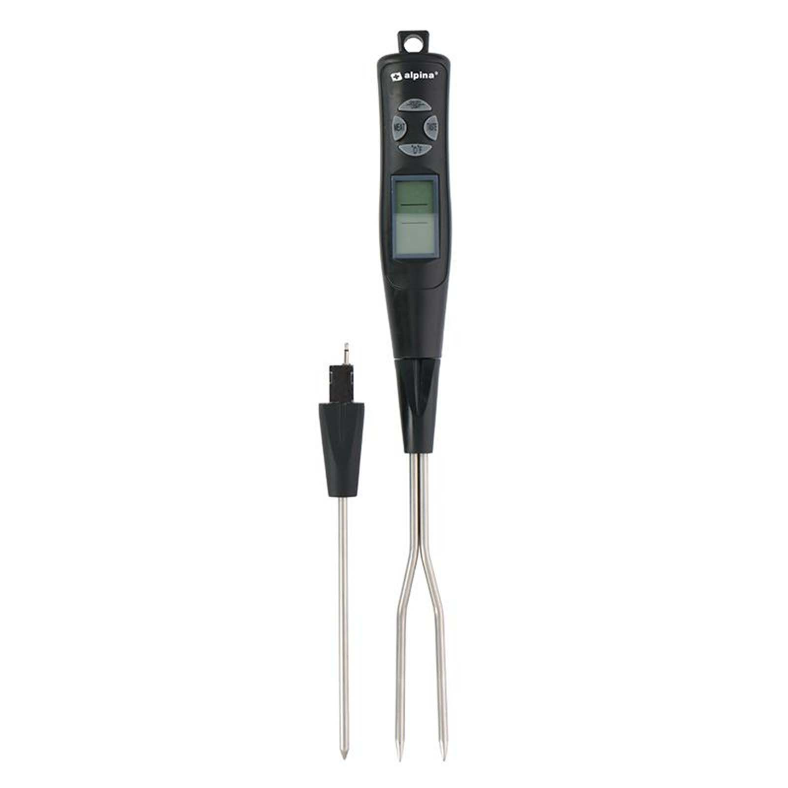 Un termometro digitale per carne nero con forchetta e sonda in acciaio inossidabile, su sfondo bianco.