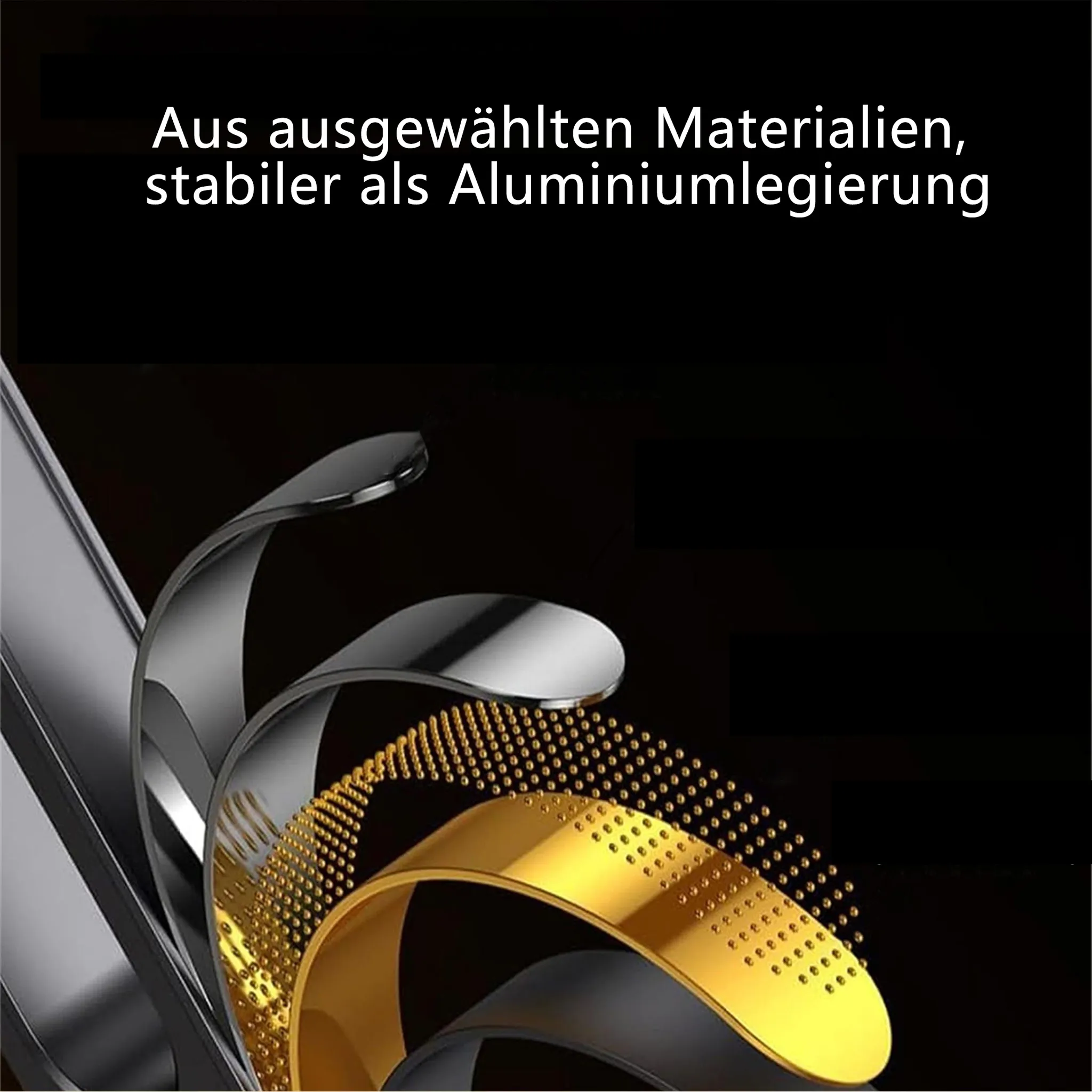 Abstraktes Bild mit metallischen Kurven, Gold- und Silberelementen auf schwarzem Hintergrund. Text oben.