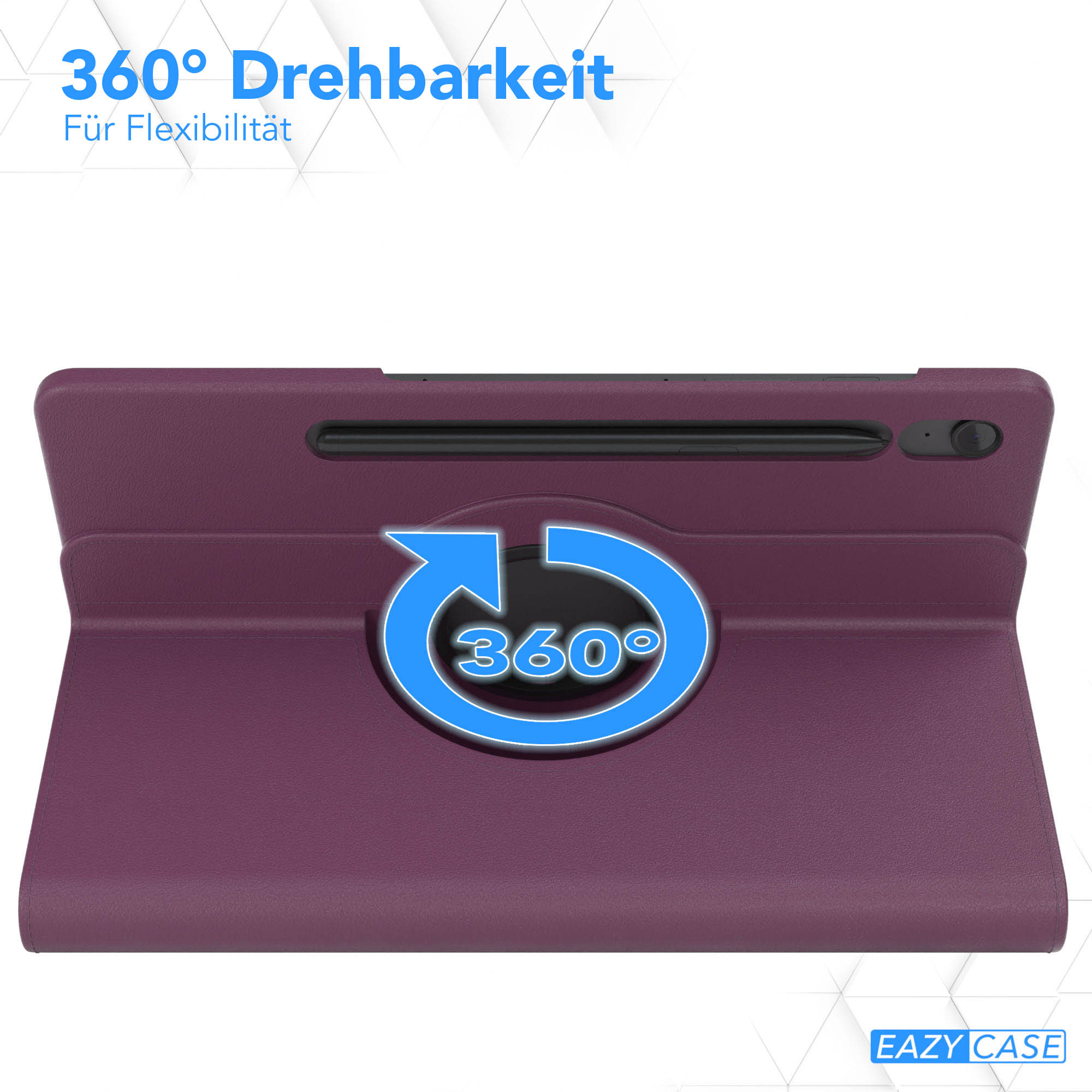 Eine lila Tablet-Hülle mit einem 360-Grad-Rotationssymbol. Der Text lautet '360° Drehbarkeit' und 'Für Flexibilität'.