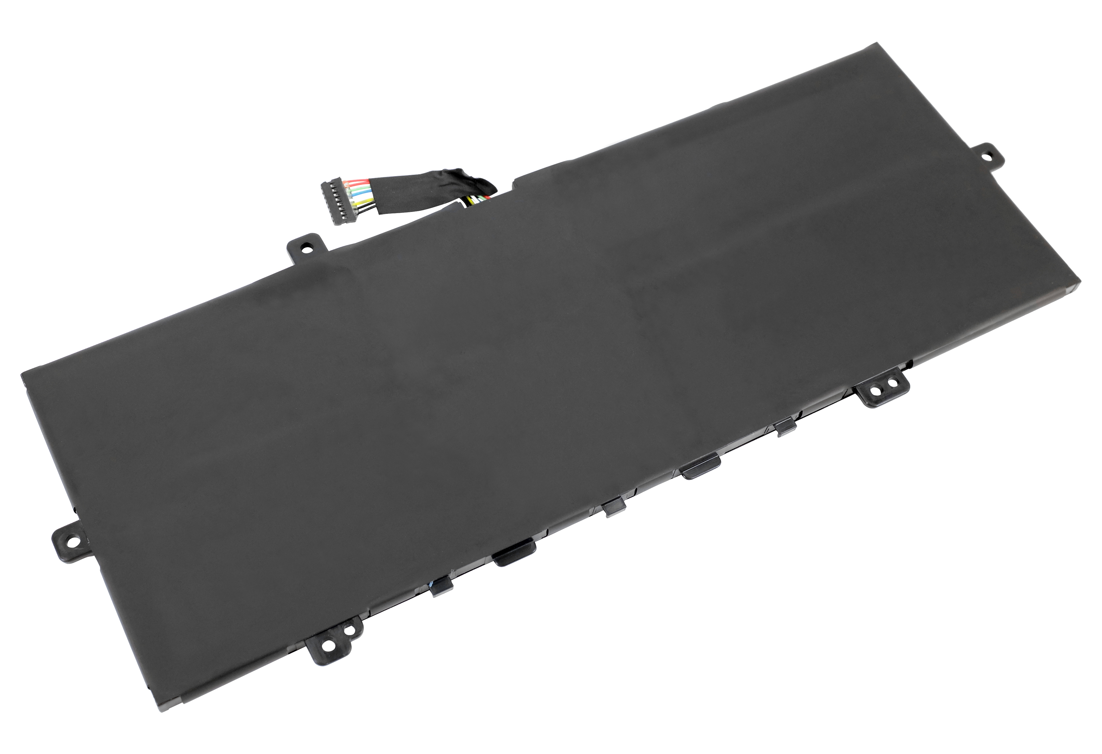 Ein rechteckiger schwarzer Laptop-Akku mit einem mehrfarbigen Drahtanschluss auf weißem Hintergrund.
