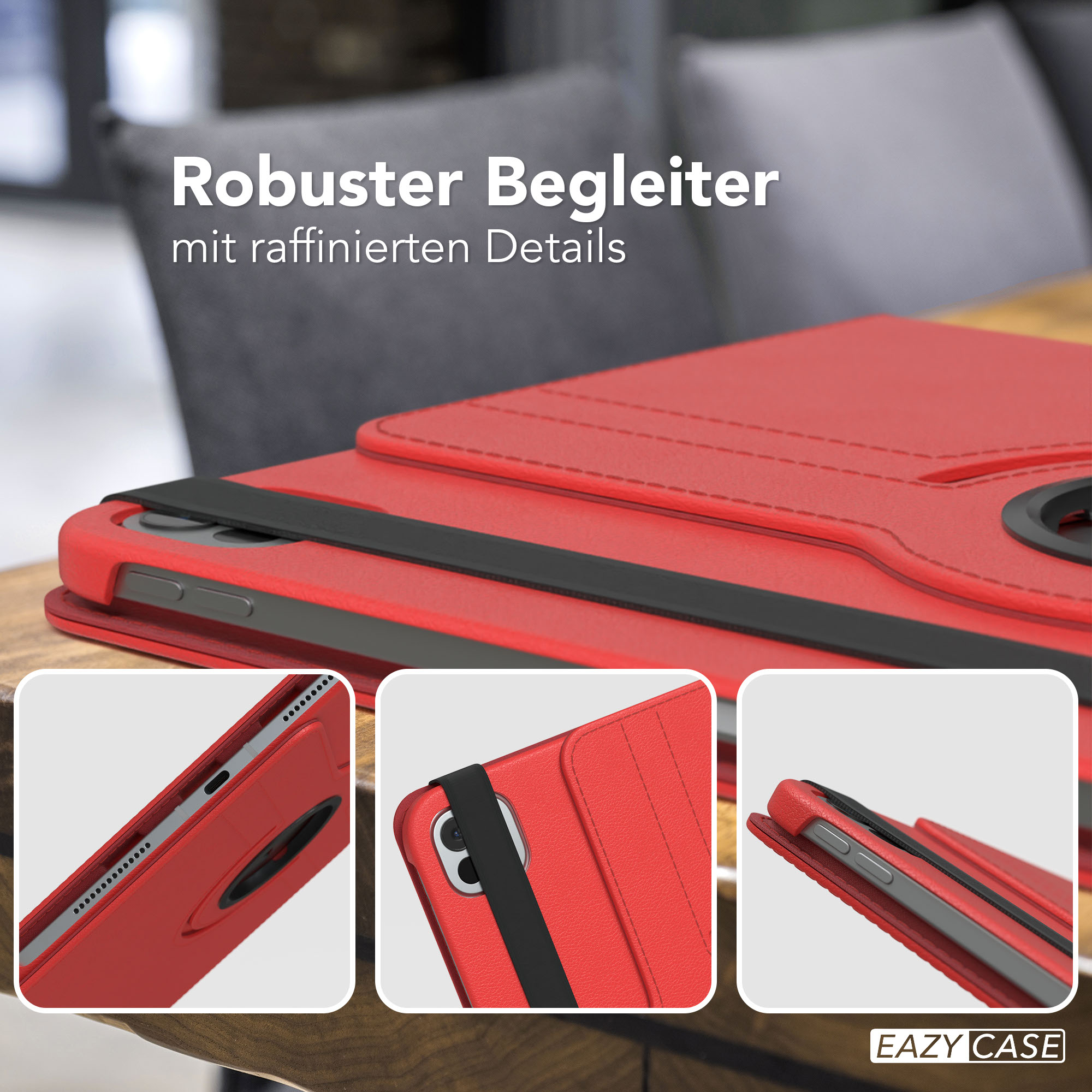 Rote Tablethülle mit schwarzem Riemen. Nahaufnahmen zeigen Details. Text oben: Robuster Begleiter mit raffinierten Details.