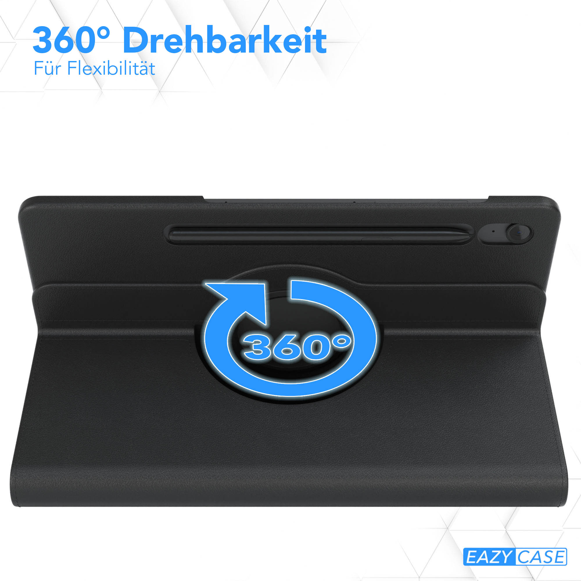Schwarze Tablethülle mit 360°-Rotationssymbol. Text lautet '360° Drehbarkeit' und 'Für Flexibilität'. Eazy Case-Logo sichtbar.
