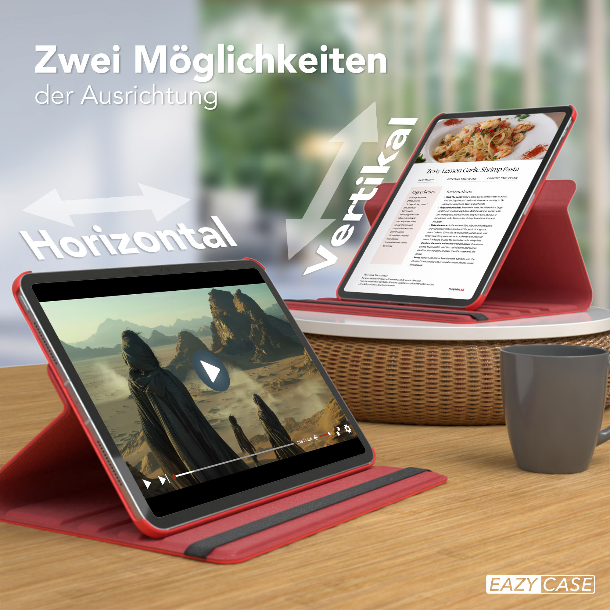 Zwei Tablets, eins horizontal, eins vertikal, zeigen Inhalte. Rechts ist eine Tasse. Das Bild bewirbt eine Handyhülle.