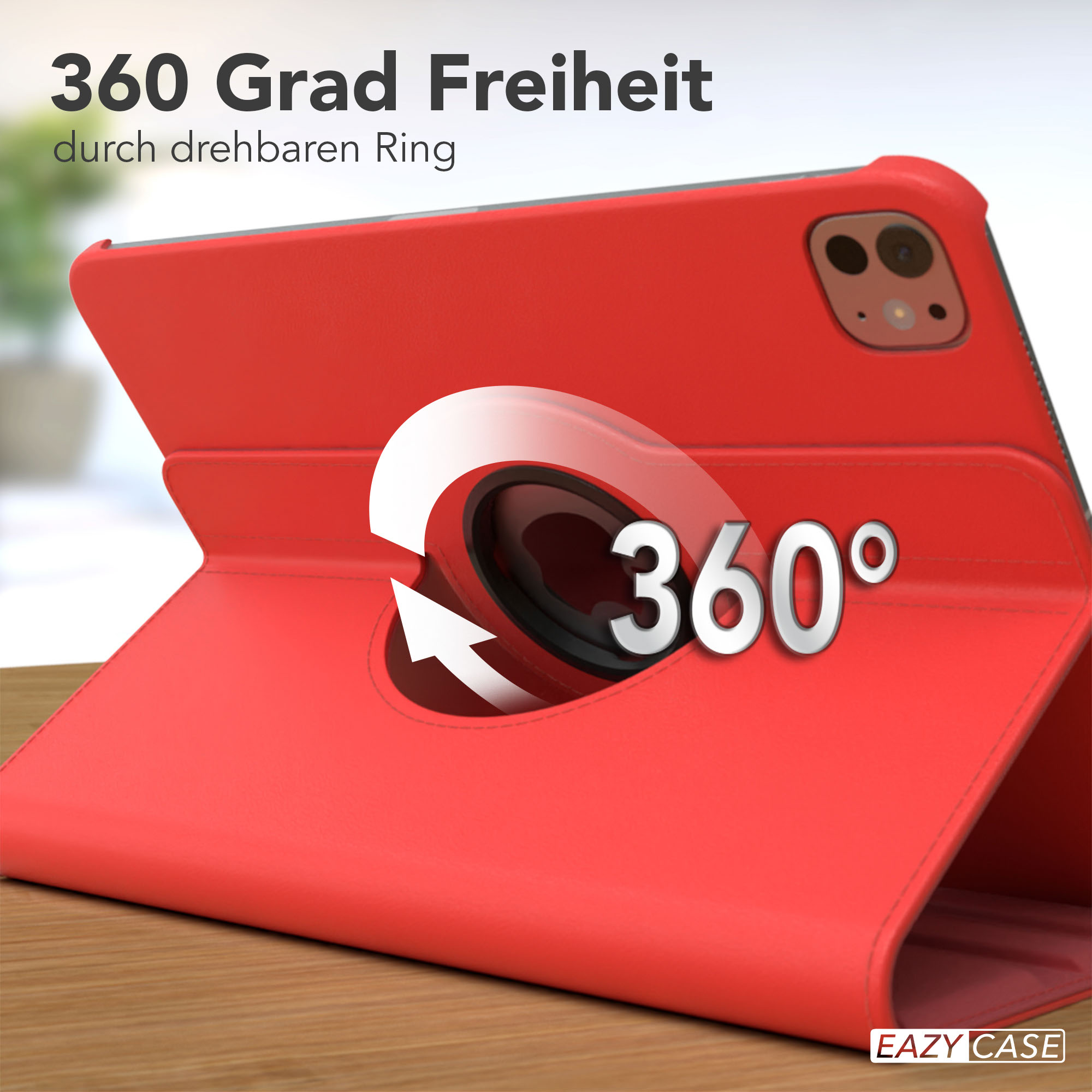 Rote Tablet-Hülle mit 360-Grad-Drehung. Weißer Pfeil zeigt die Drehung an. Text: 360 Grad Freiheit.