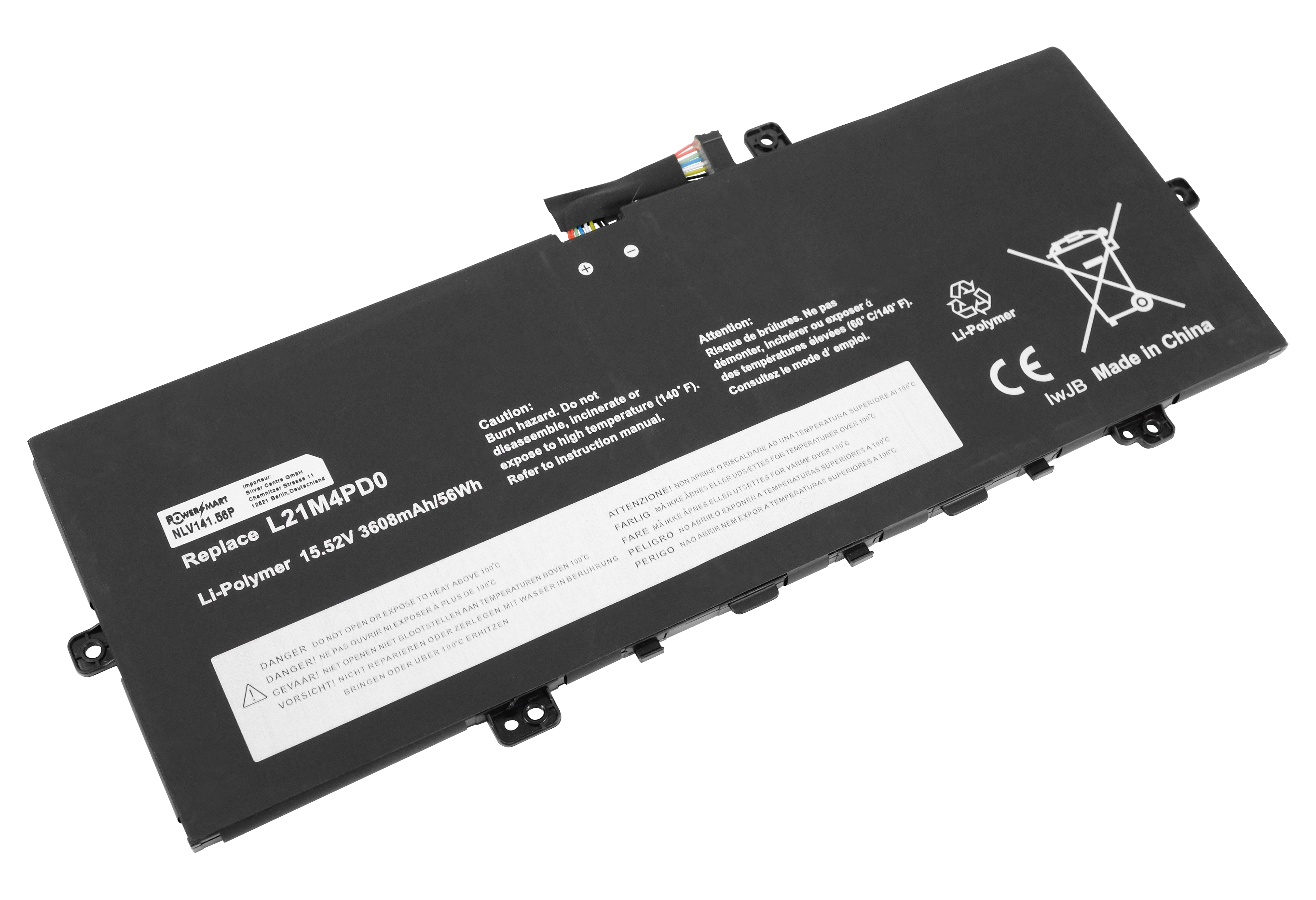 Schwarzer Laptop-Akku mit Warnhinweisen und Text. Enthält Recycling-Symbol, CE-Zeichen und Made in China.